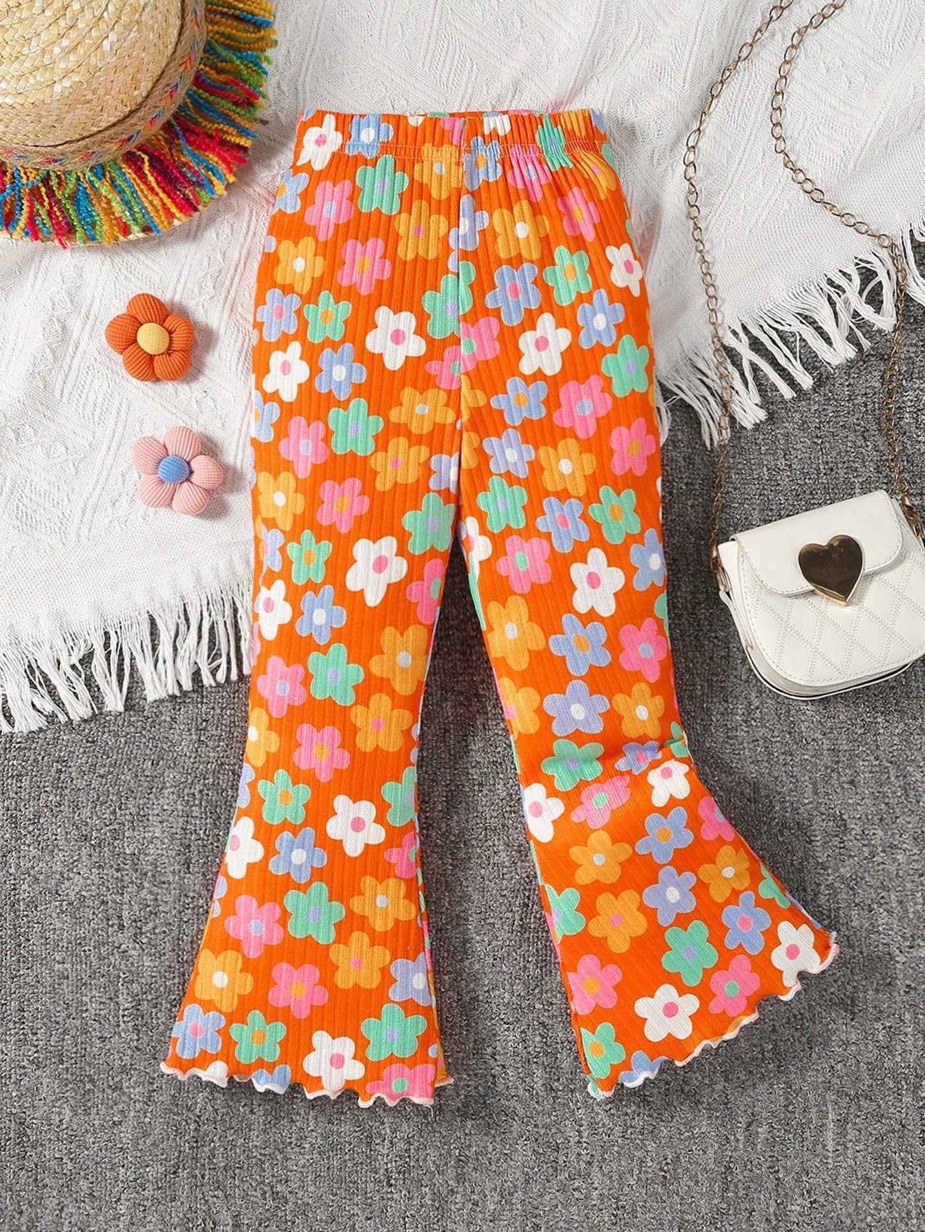 Young Girl Cartoon Flower Print Flare Pants