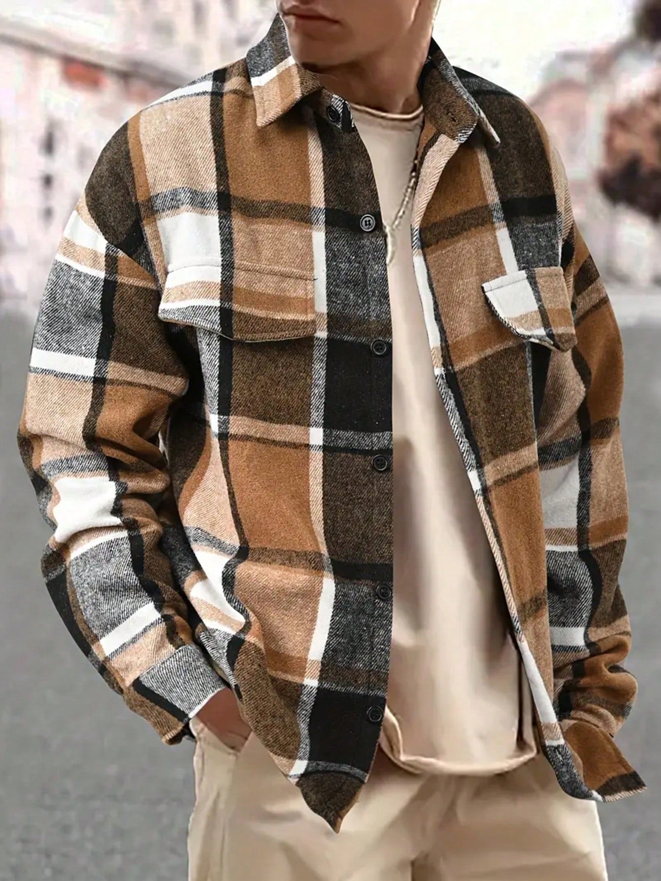 Men's Spring And Autumn Casual Plaid Oversized Shirt Jacket