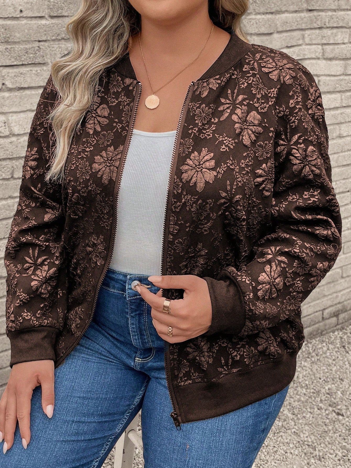 Plus Floral Jacquard Zip Up Bomber Jacket