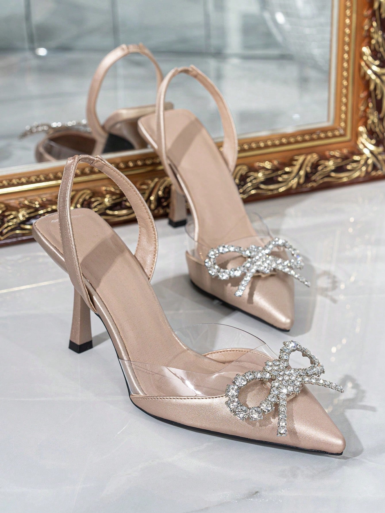 Glamorous Silver Pumps For Women, Metallic Snakeskin Embossed Rhinestone Decor Point Toe Stiletto Heeled Slingback Pumps