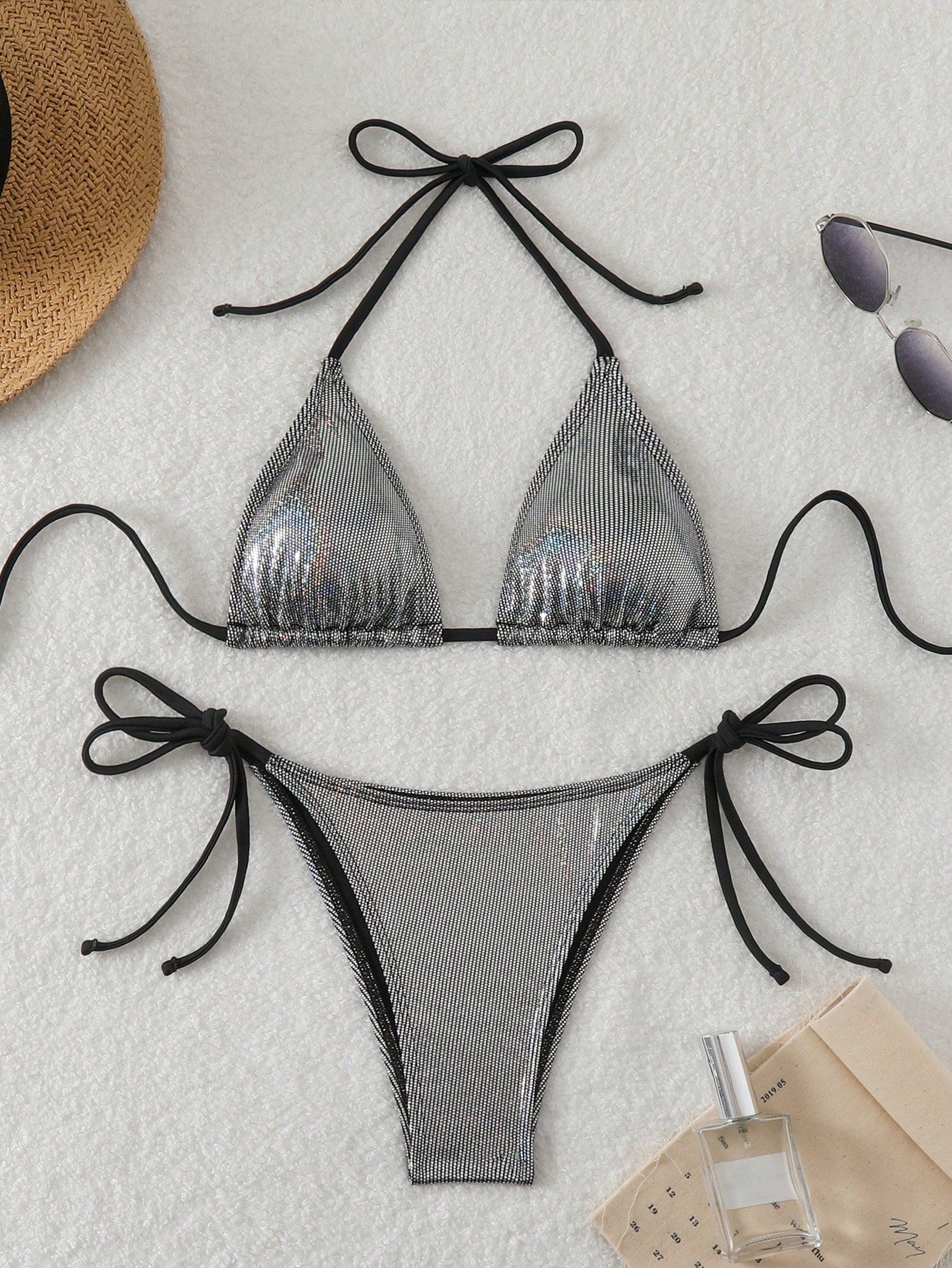 Summer Beach Glitter Bikini Set Triangle Bra & Thong Bottom 2 Piece Rave Bathing Suit