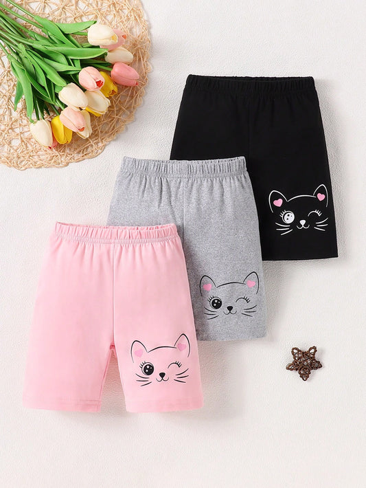 Young Girl Shorts With Three Cute Cat Prints And Elastic Waistband