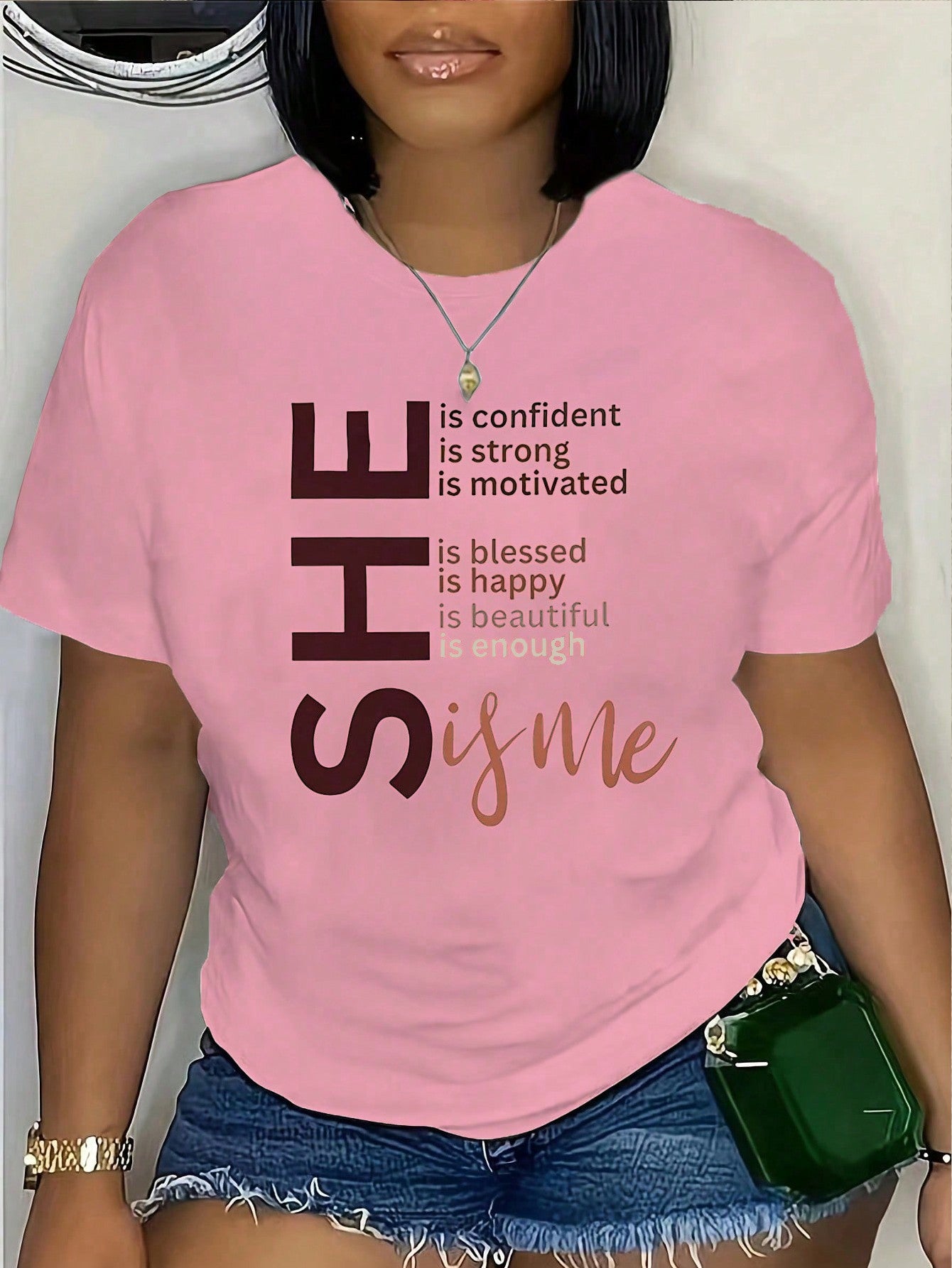 Plus Short-Sleeved T-Shirt With Slogan SHE Is Confident Is Strong Is Motivated Is Happy Is Beautiful Is Enough Is Me