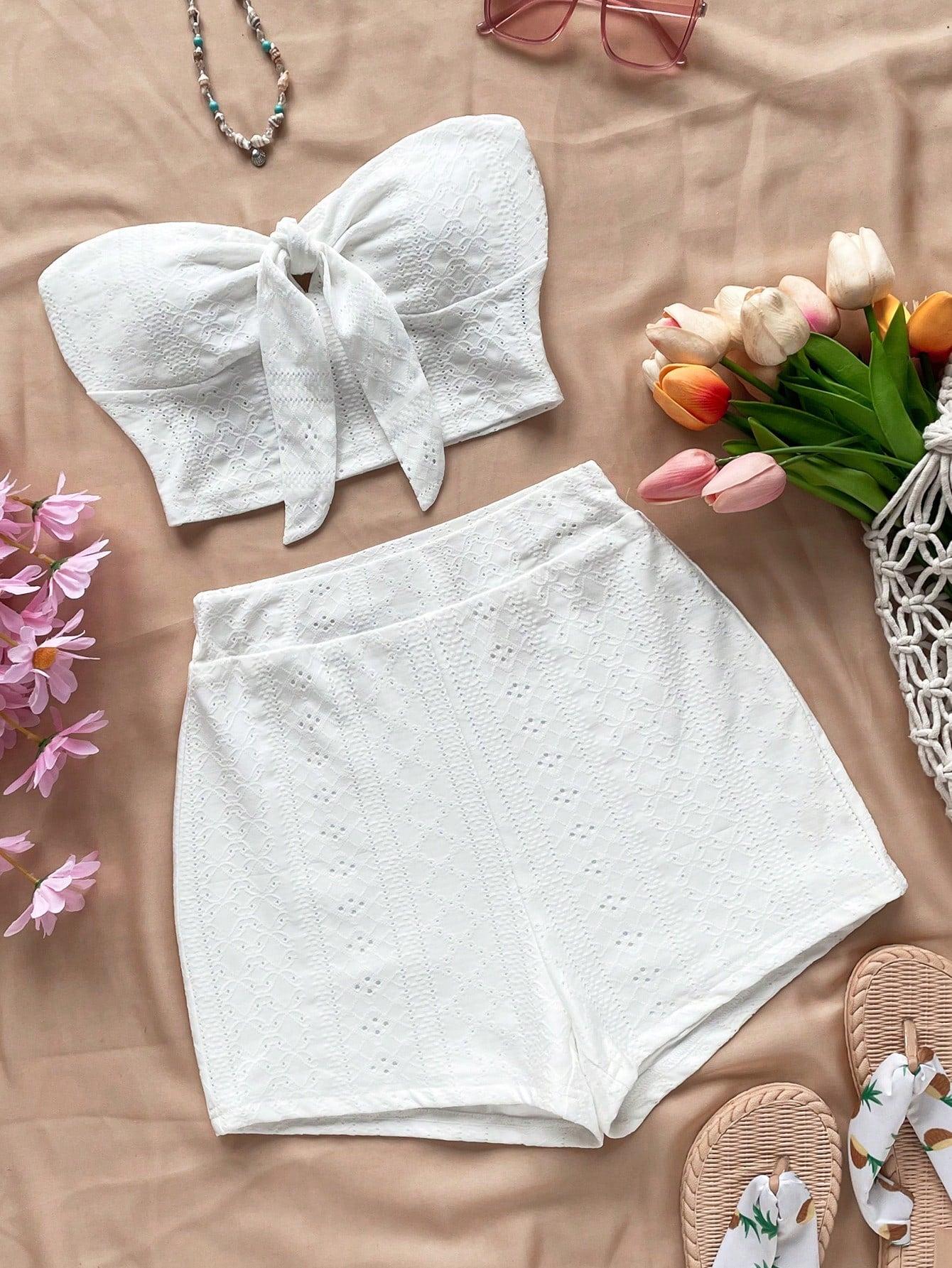 Summer Solid Color Textured Bandeau Top And High-Waisted Shorts Set