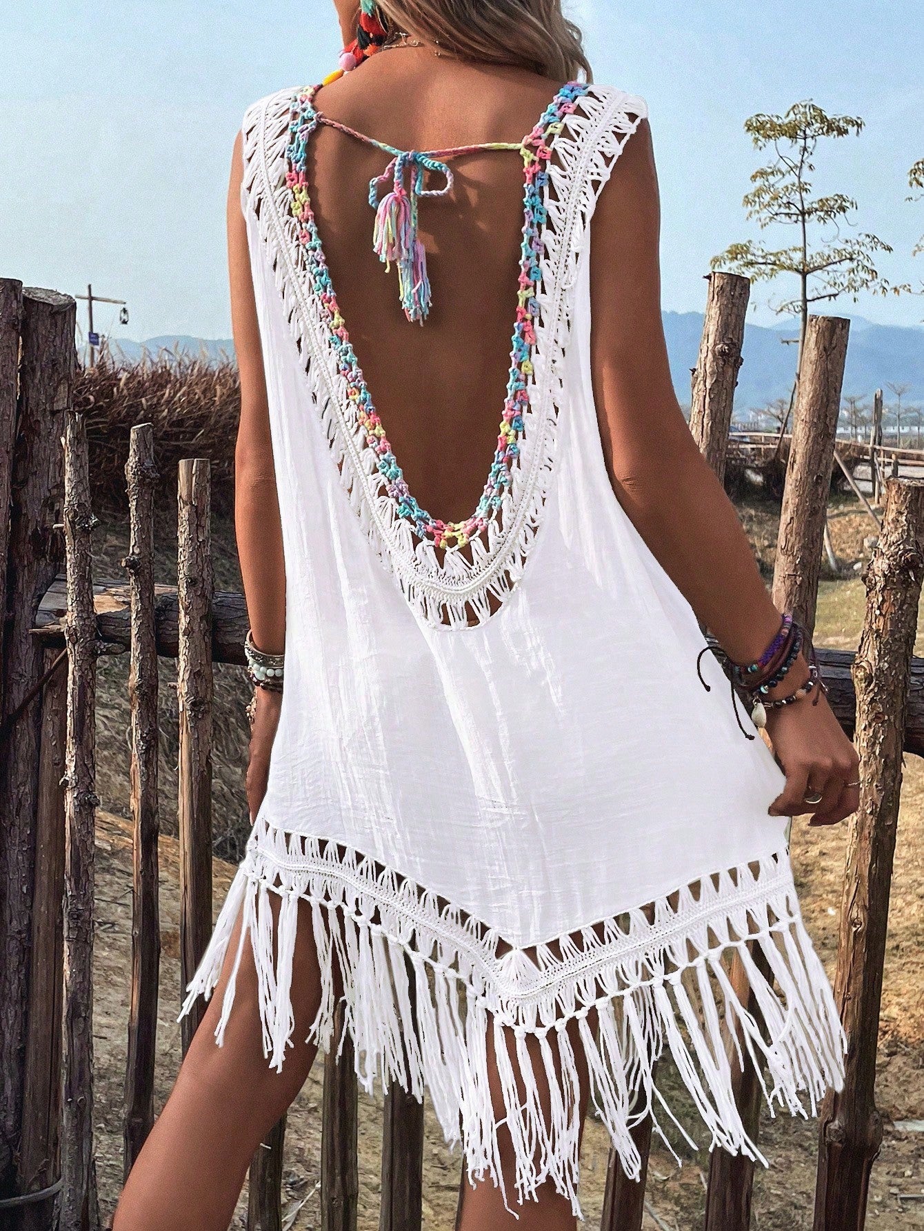 Swim Fringe Hem Tie Backless Cover Up,Summer Beach