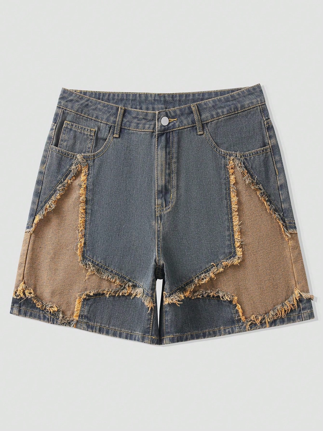 Street Life Men Summer Casual Frayed Hem Denim Shorts With Star Patch