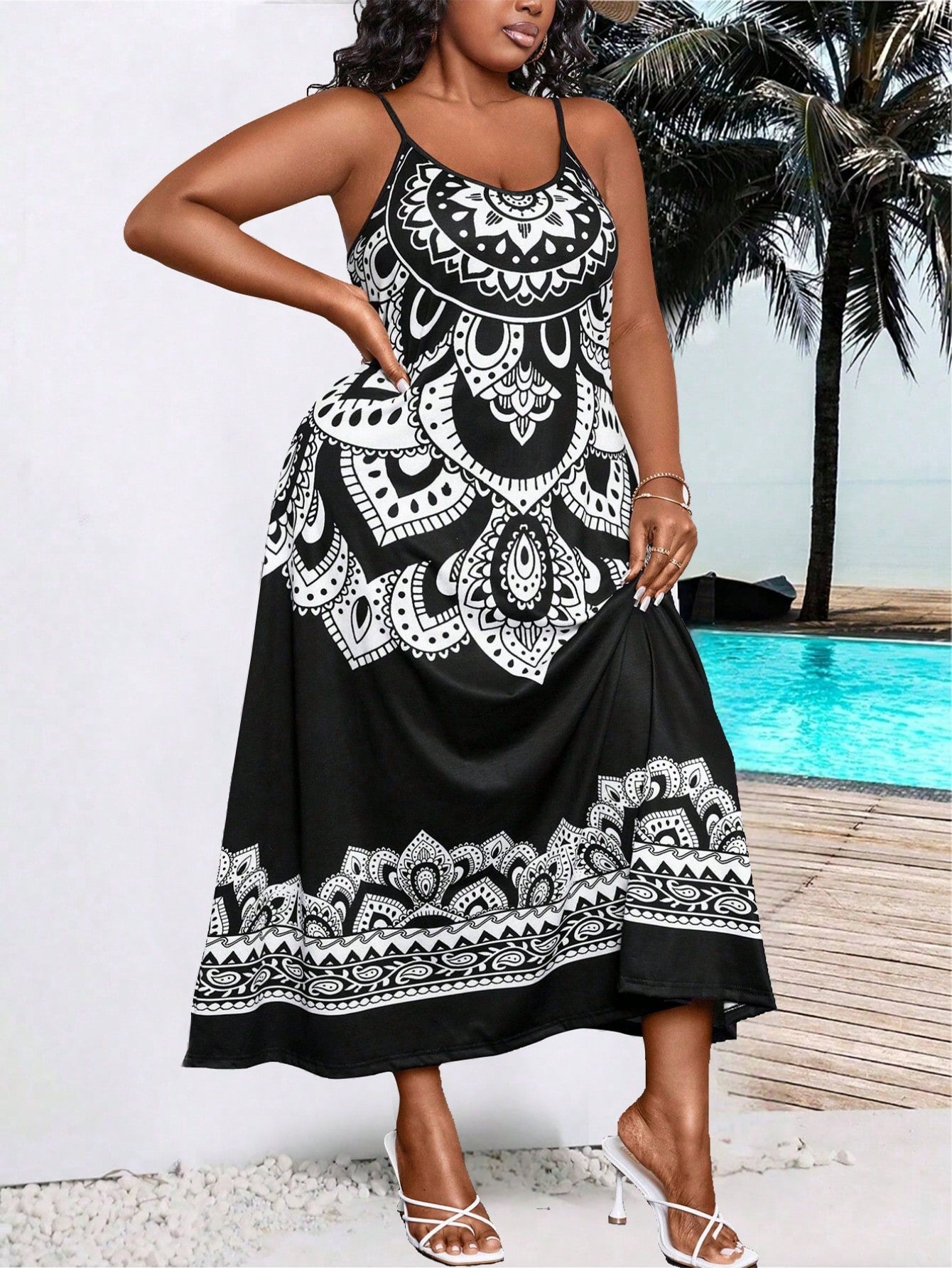 Plus Size Peplum Print Maxi Cami Dress, Perfect For Summer Vacation