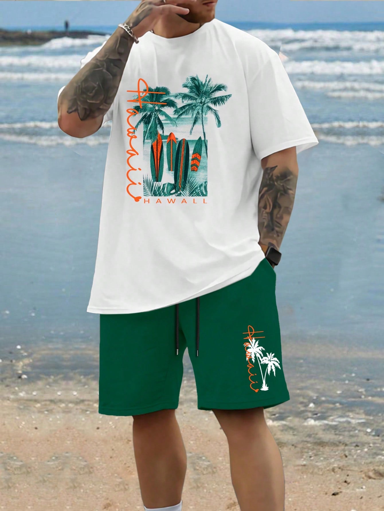 Men's Plus Size Summer Palm Tree & Letter Printed Round Neck Short Sleeve Casual T-Shirt And Drawstring Waist Shorts Set