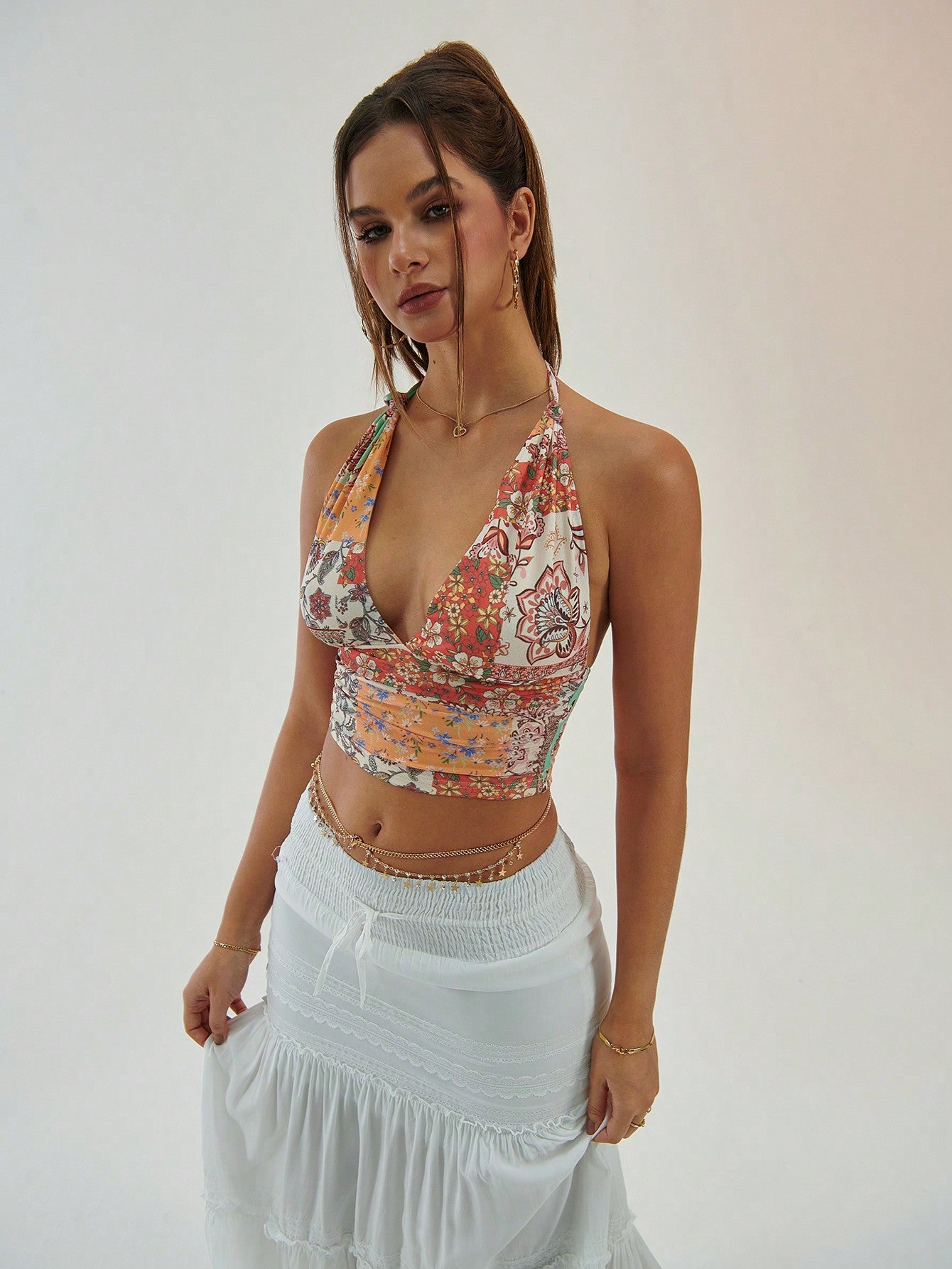 Floral Print Twist Tie Back Crop Summer Halter Top