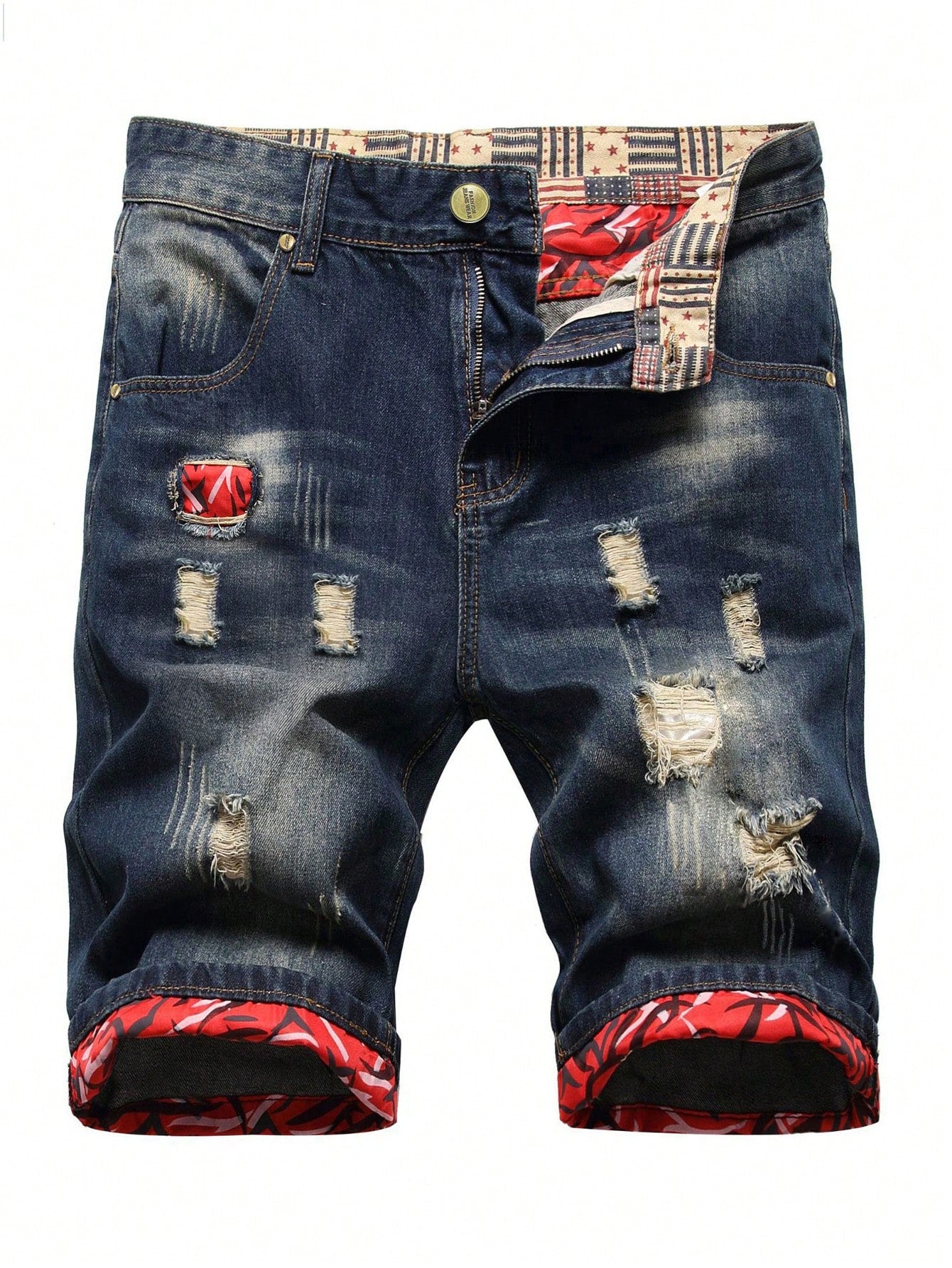 Men Graphic Print Ripped Roll Up Hem Denim Shorts