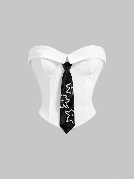 Women's Collared Tube Top With Bow Tie Decoration, College Style White Blouse