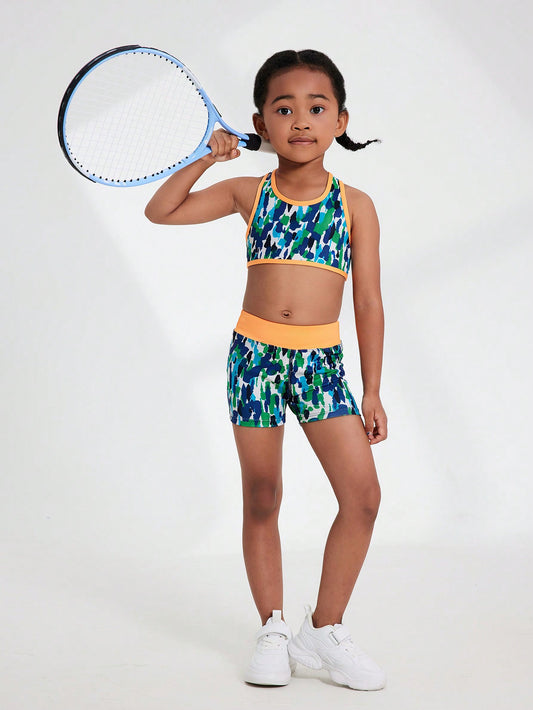 Kids Yoga Tennis Sportswear Set, Sleeveless Sports Vest & Running Shorts Set, Fitness Tennis Camo Vest & Shorts Set