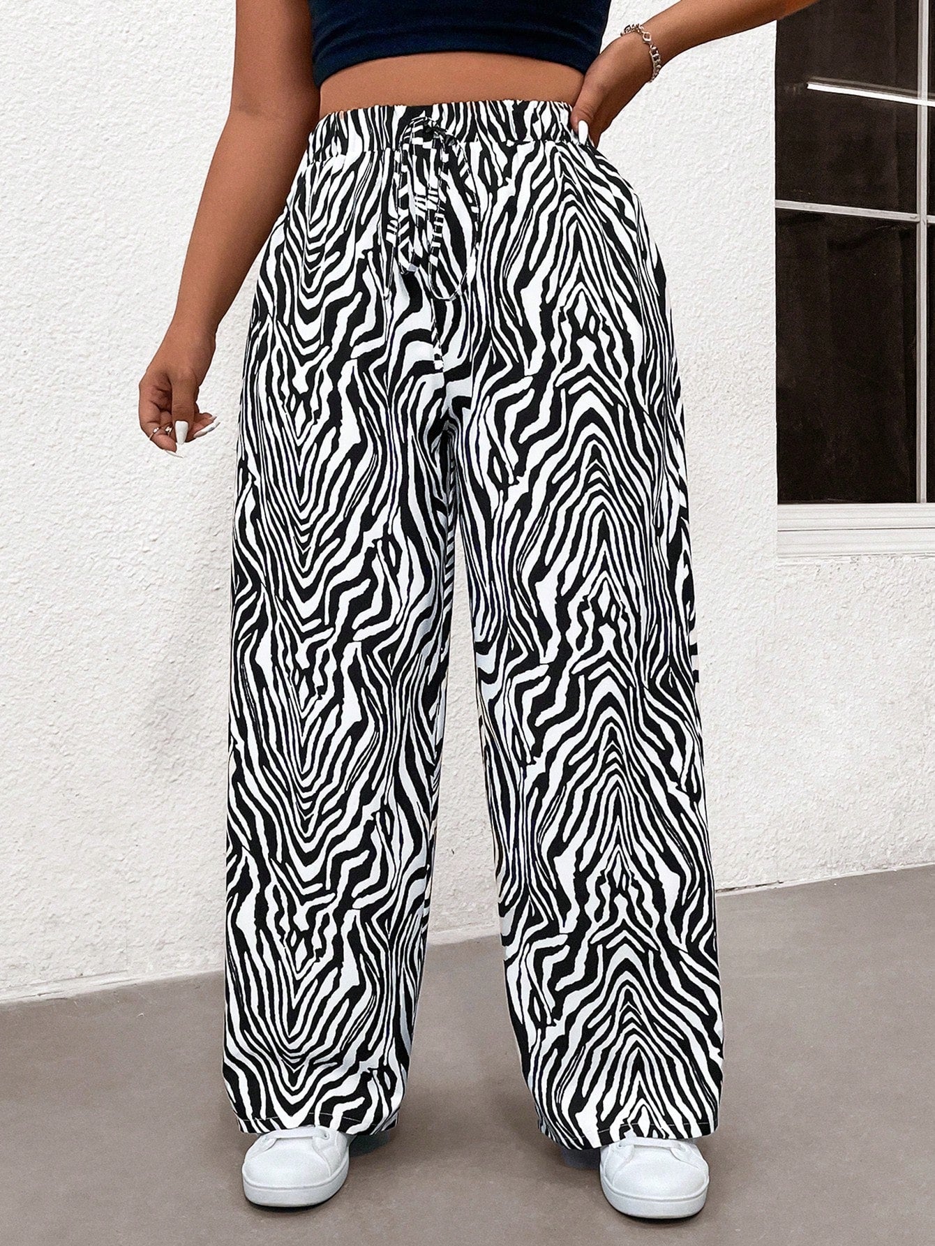 Plus Size Casual Loose Plaid Elastic Waist Wide-Leg Pants