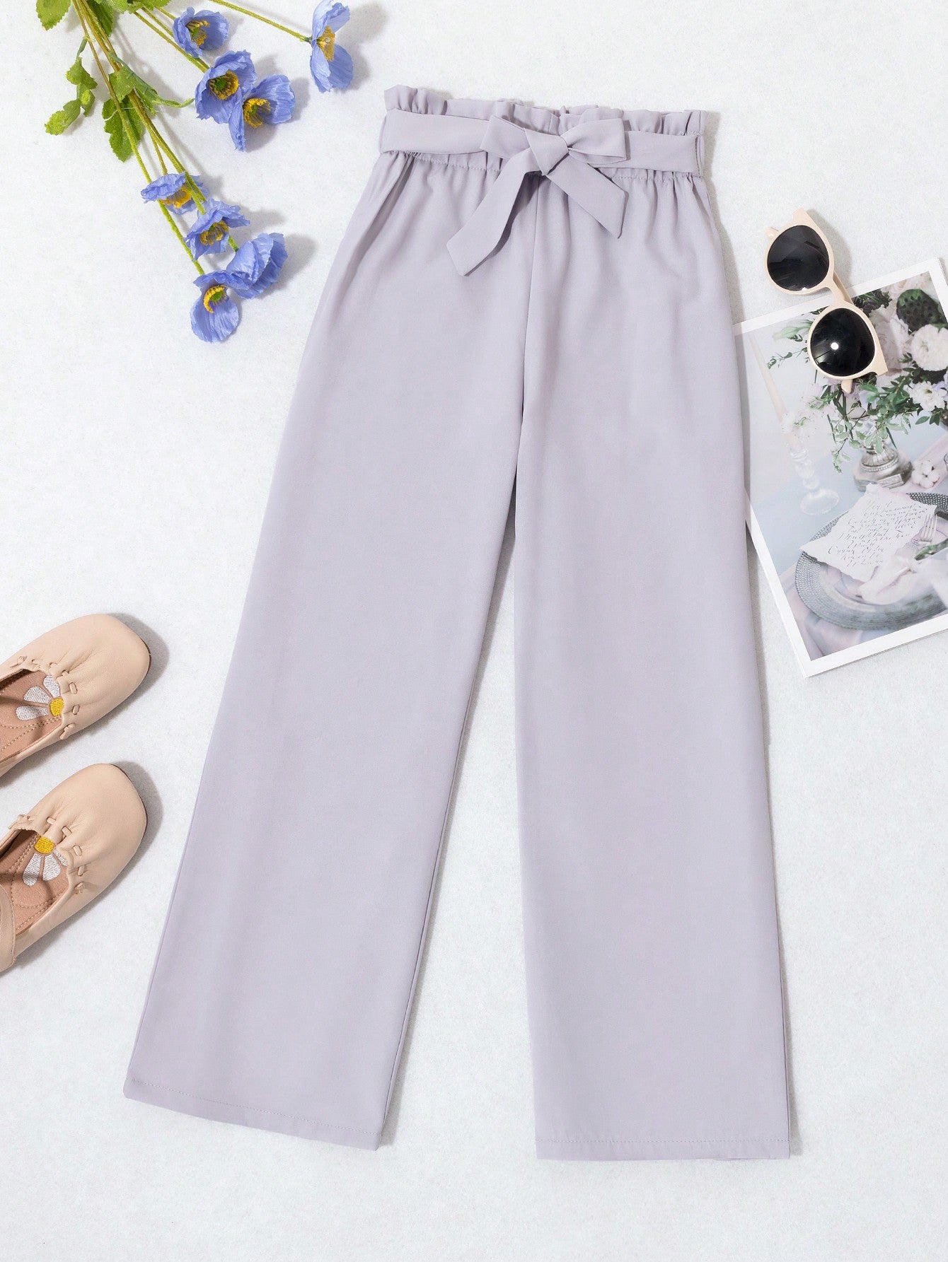 Tween Girl New Fashion Navy Blue Straight Pants With Bow Belt, Suitable For All Seasons Daily Wear