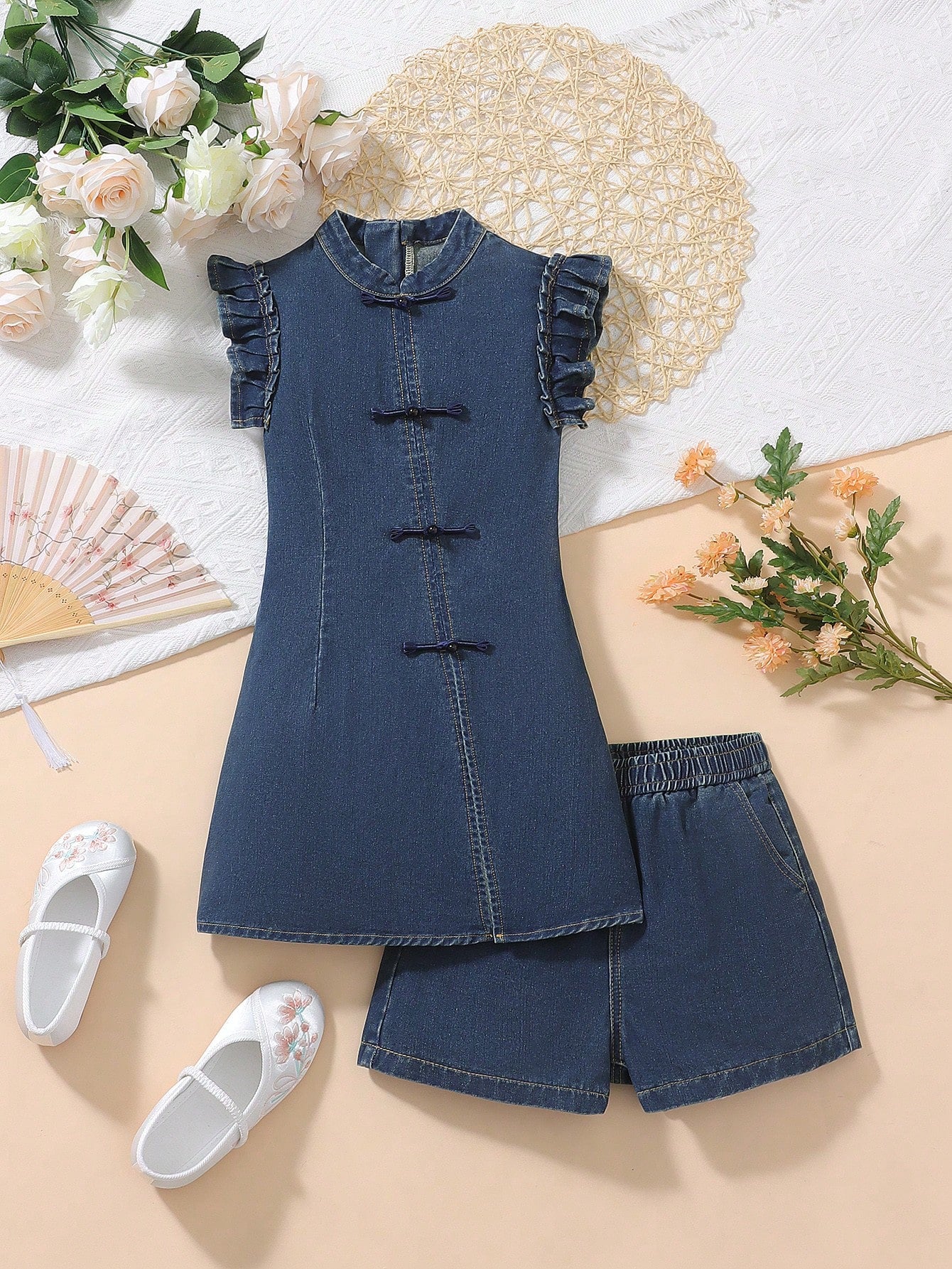 Fashionable And Elegant New Chinese Style Denim Suit For Teen Girls, Elastic-Free