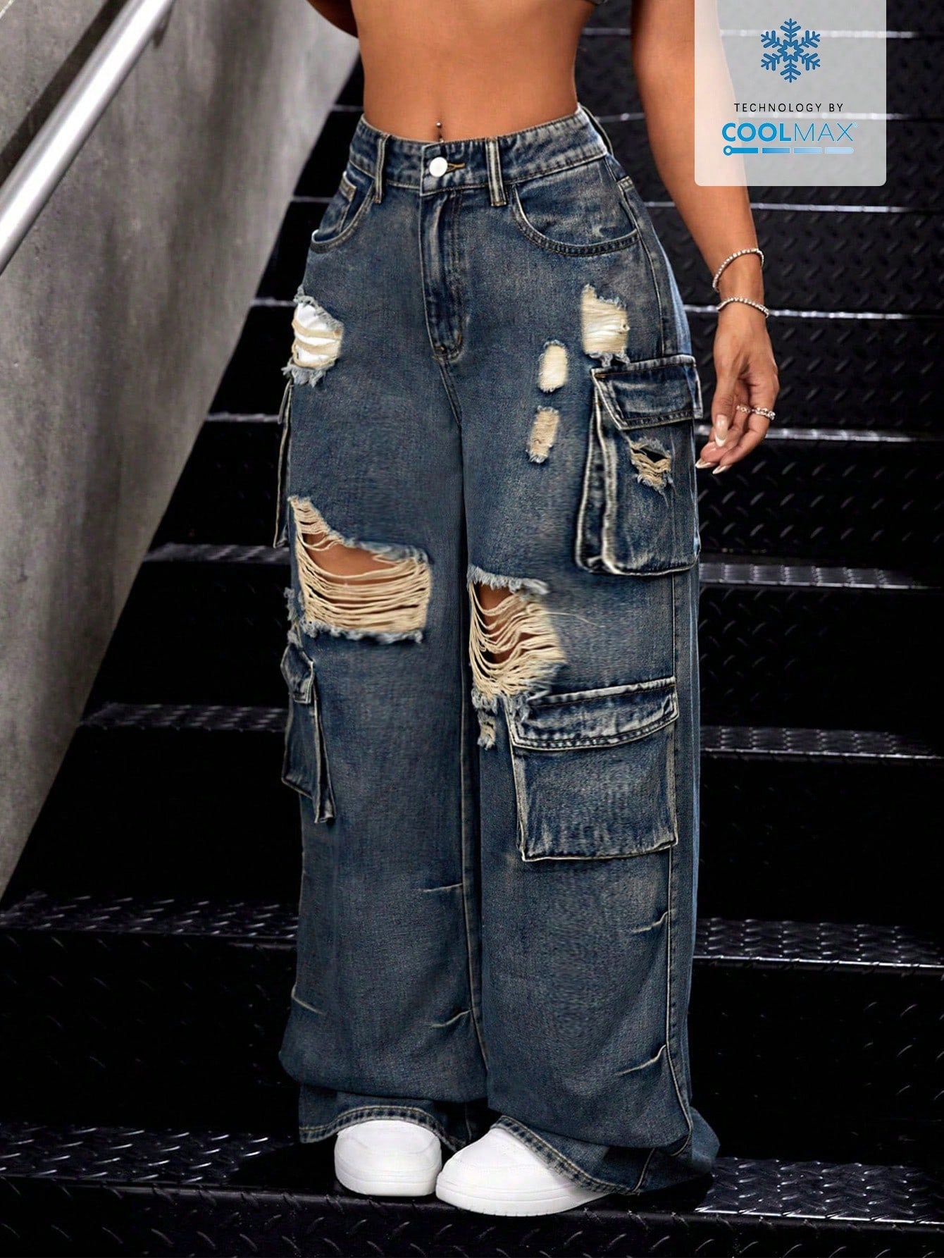 Women\ Hole Ripped Baggy Wide-Leg Casual Denim Jeans With Pockets