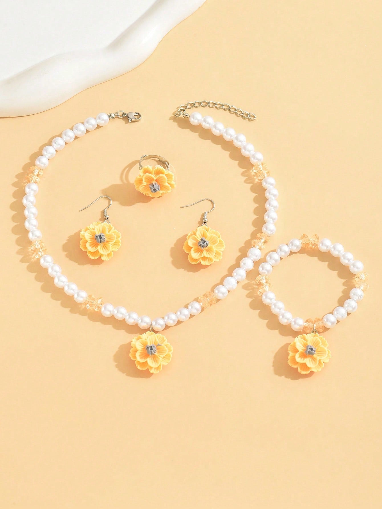 1pc Necklace, 1pc Bracelet, 1pc Ring, 1pair Earrings Set With Sweet Faux Pearl Flower Pendant, Children's 4pcs Jewelry Set