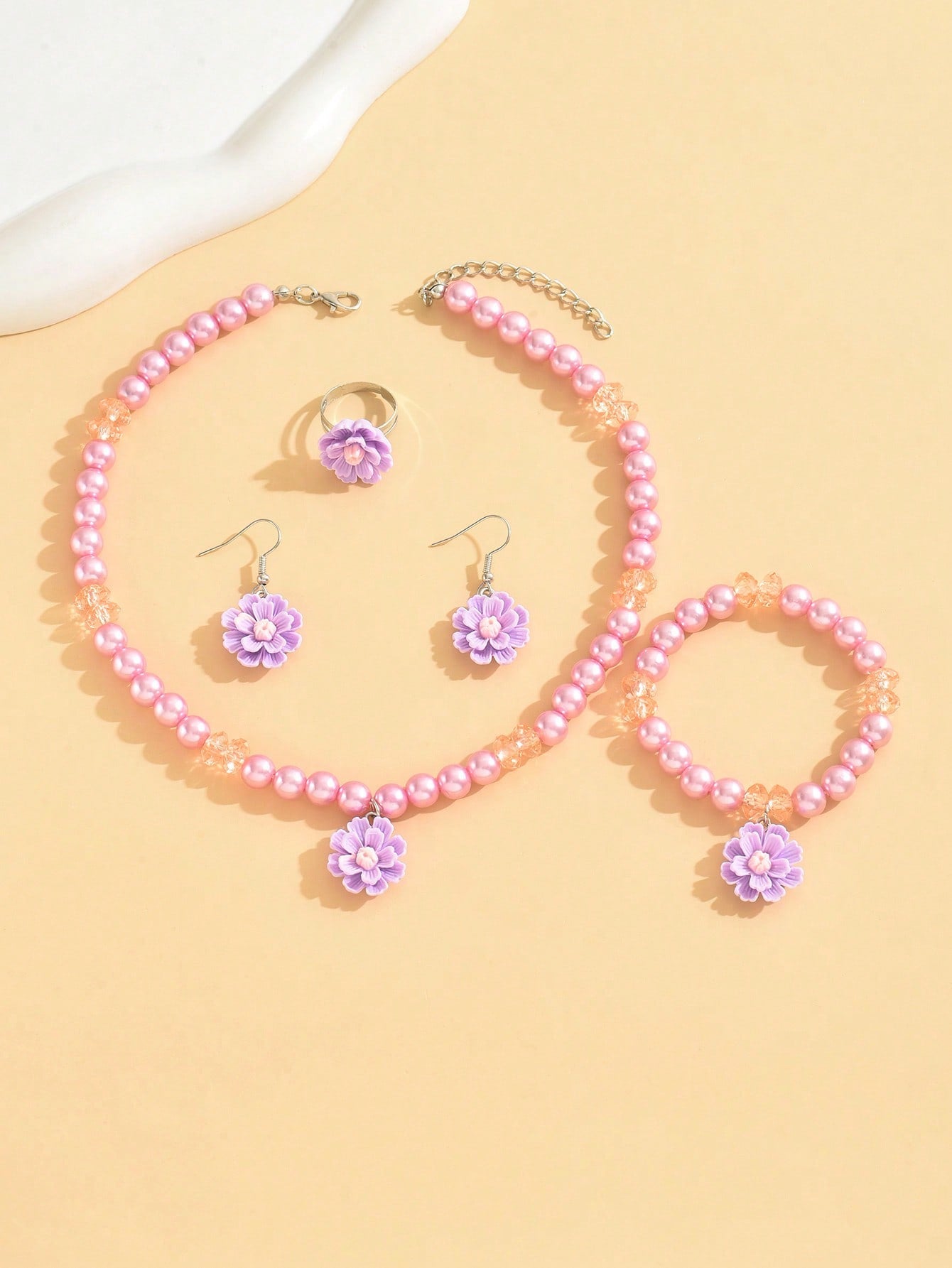 1pc Necklace, 1pc Bracelet, 1pc Ring, 1pair Earrings Set With Sweet Faux Pearl Flower Pendant, Children's 4pcs Jewelry Set