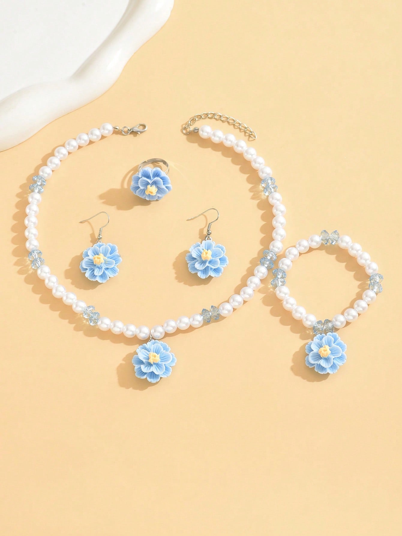 1pc Necklace, 1pc Bracelet, 1pc Ring, 1pair Earrings Set With Sweet Faux Pearl Flower Pendant, Children's 4pcs Jewelry Set