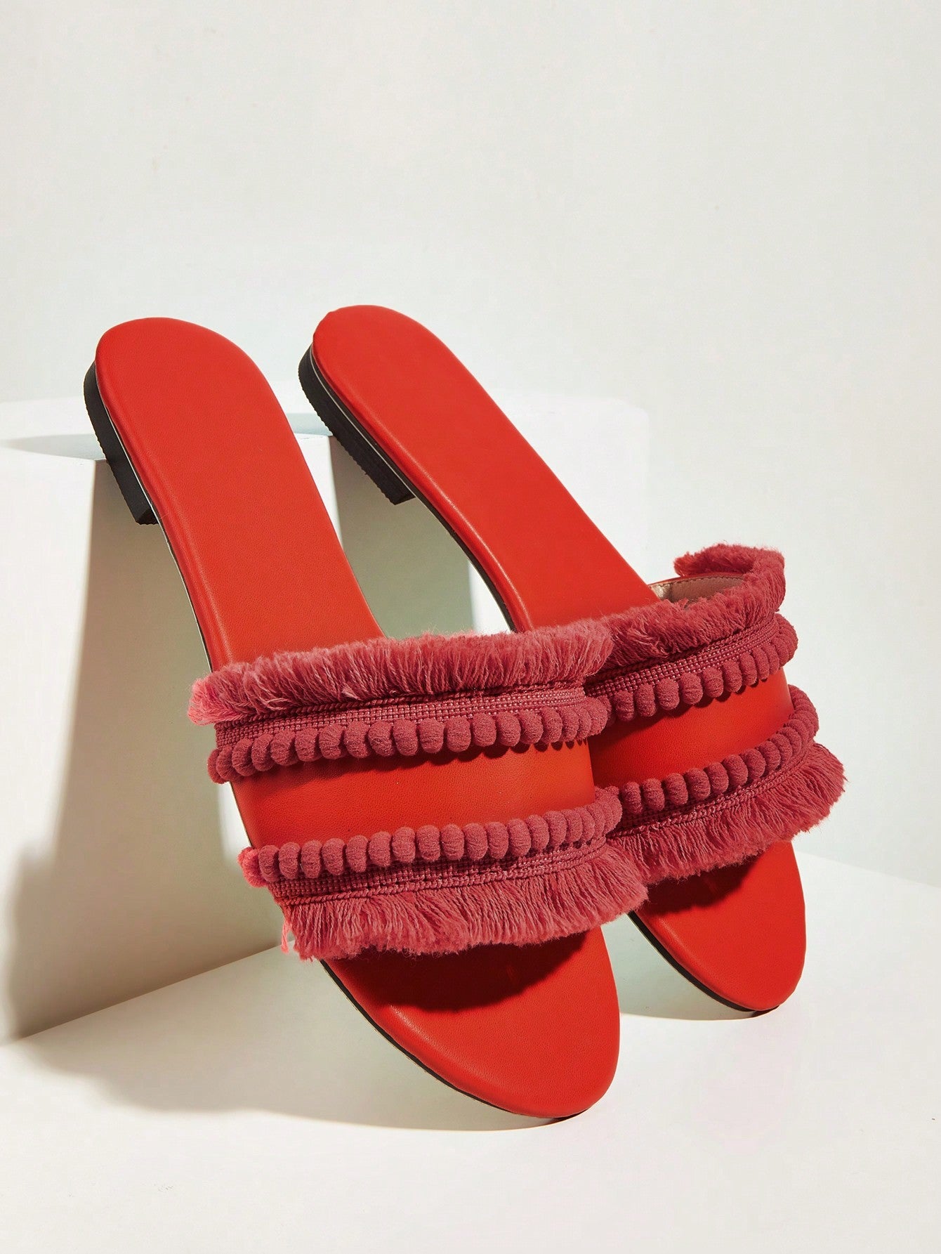 Glamorous Hot Pink Slide Sandals For Women, Fringe & Pom Pom Decor Satin Flat Sandals