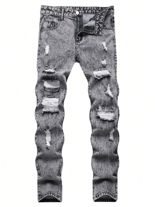 Men's Casual Slim Fit Distressed Jeans, Washed Denim