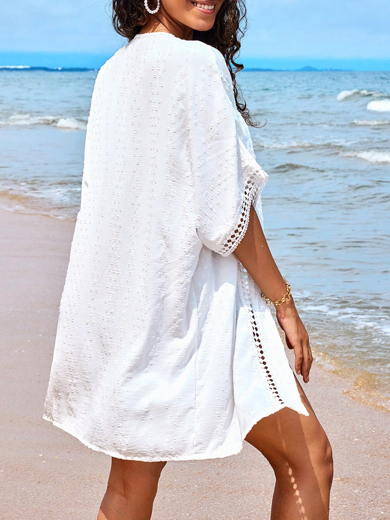 Swim Solid Color Loose Kimono Cover Up With Lace Patchwork, Summer