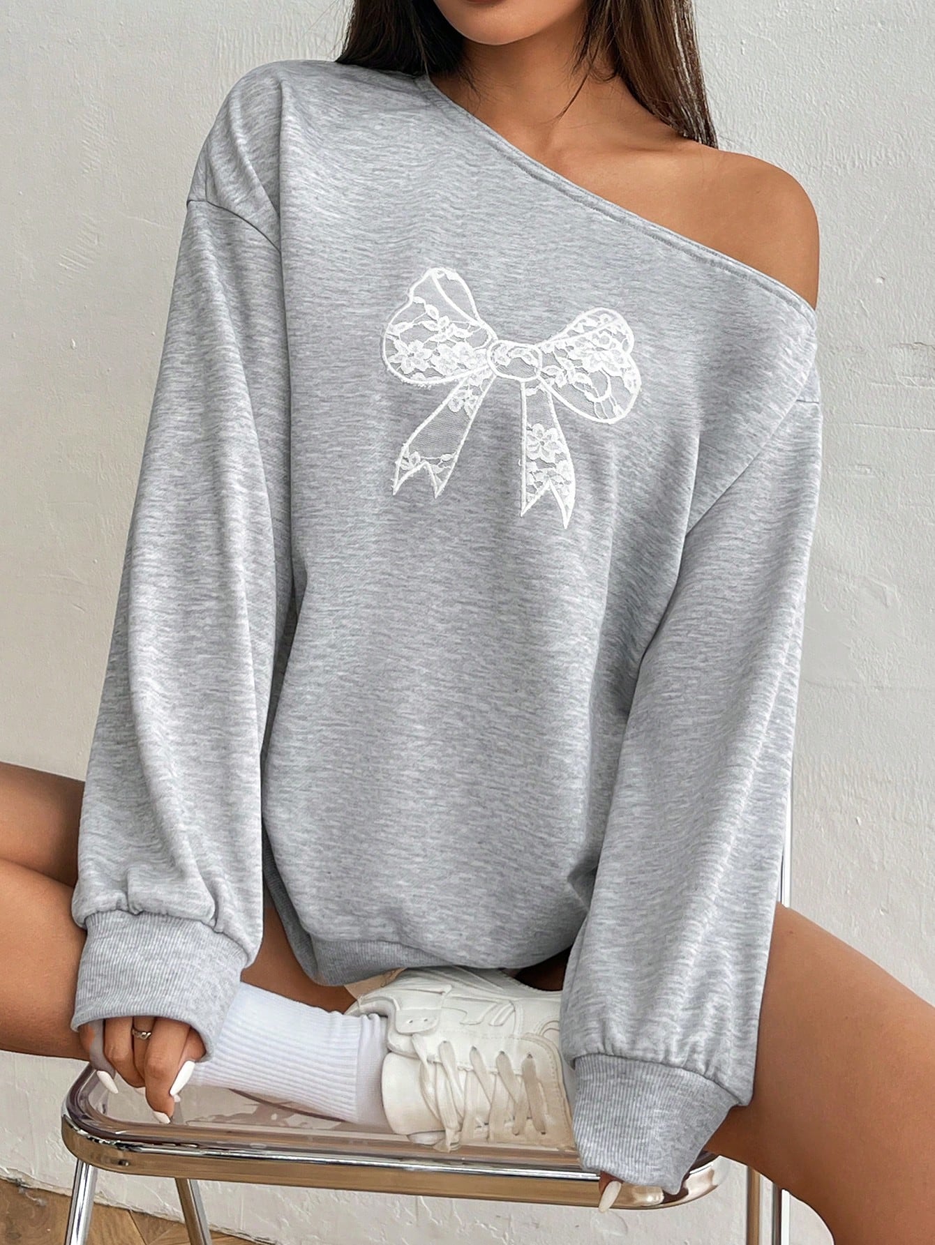 Gray Lace Applique Embroidered Bowknot Asymmetrical Neck Sweatshirt