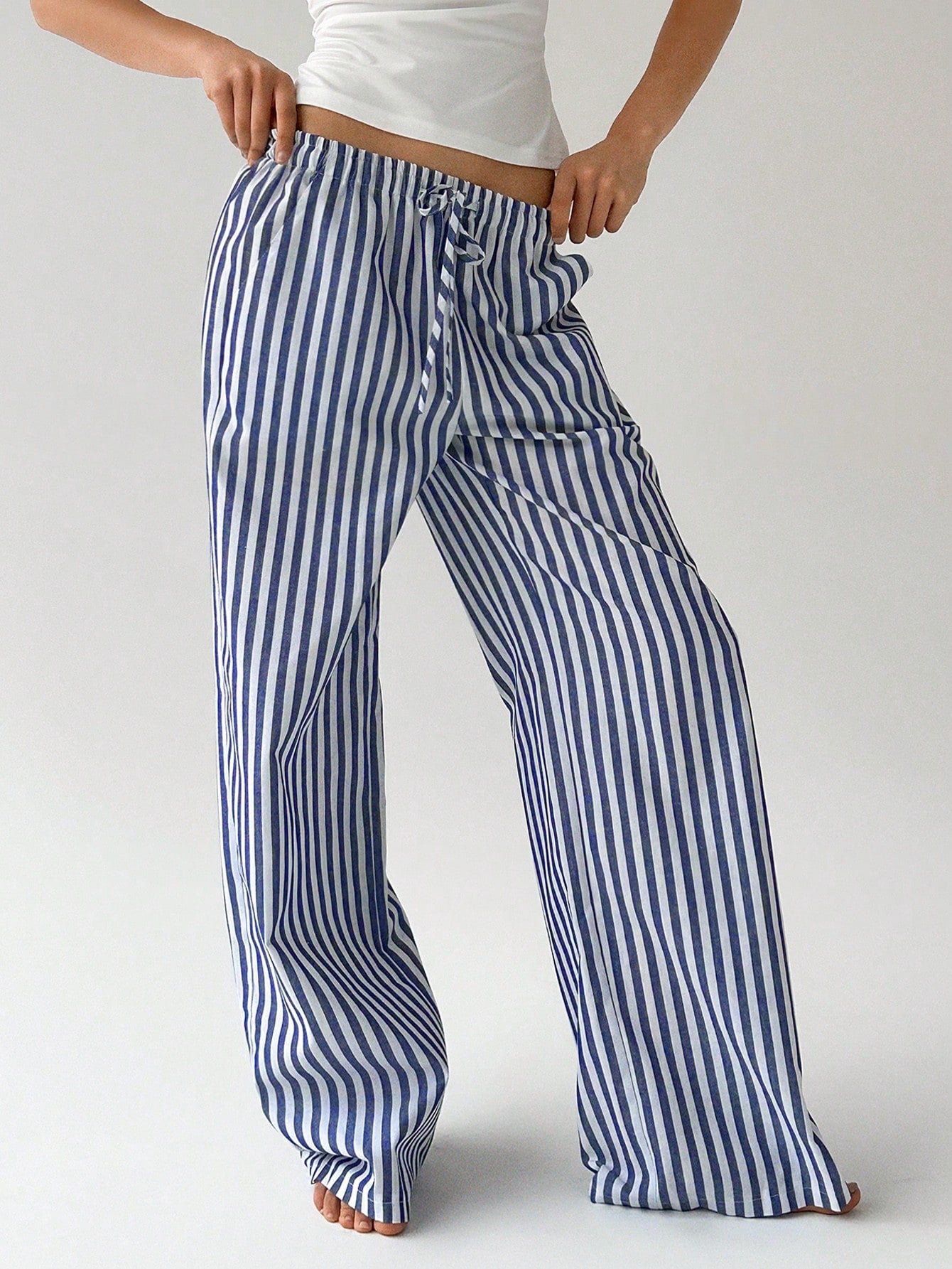 Striped Print Drawstring Waist Casual Straight Pants With Pockets