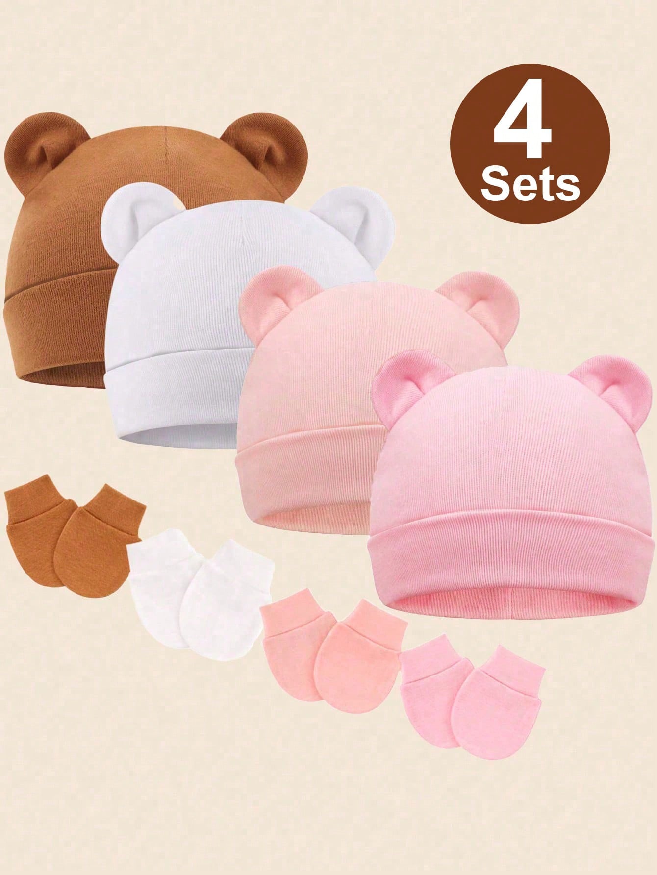 4sets Baby Hats And Mittens Infant Beanie Gloves NoScratch Set Newborn Hospital Hat For Boys Girls