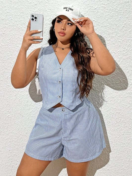 Plus Size Summer Casual Striped Vest Shorts Set