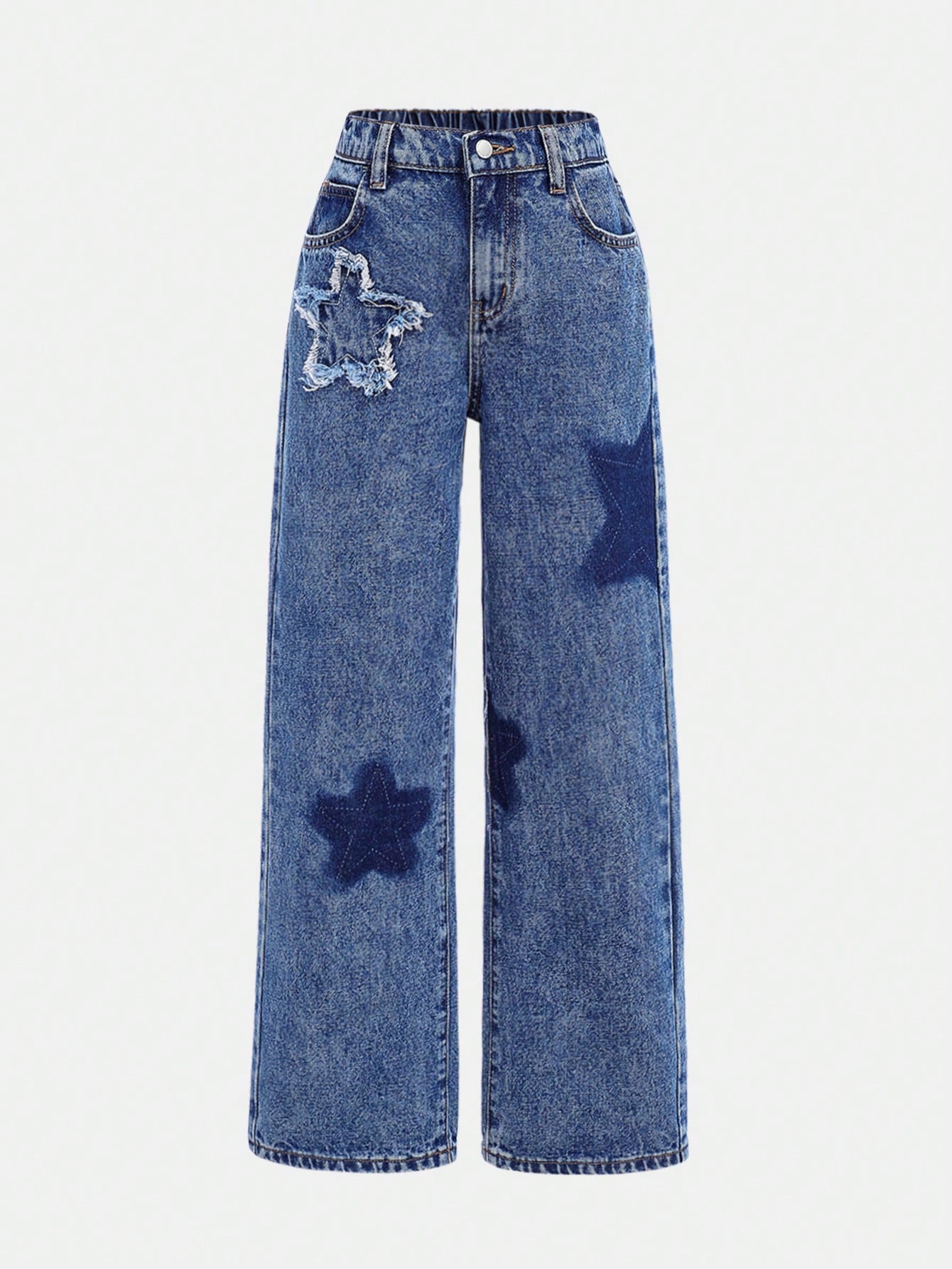 Girls' Cute Star Pattern Water-Washed Straight Jeans