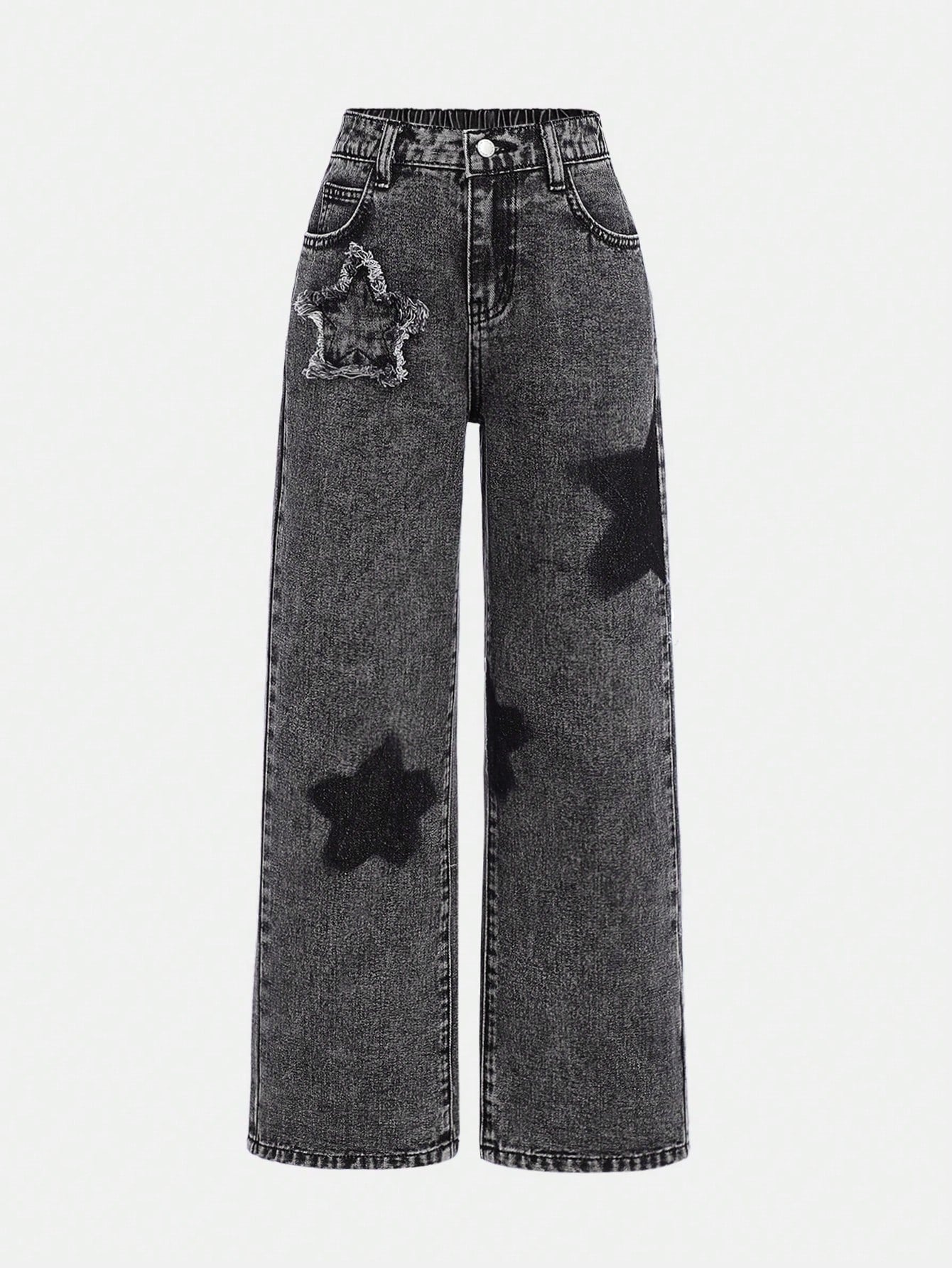 Tween Girls Cute Star Print Washed Denim Straight Leg Jeans