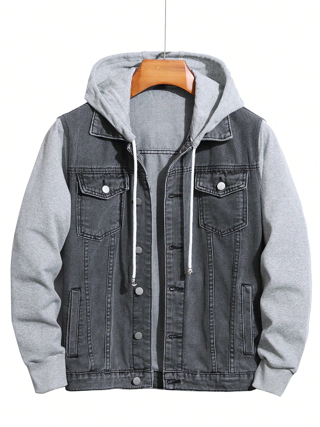 Men's Plus Size Spring/Autumn Casual Hooded Denim Jacket With Color Blocking And Drawstring