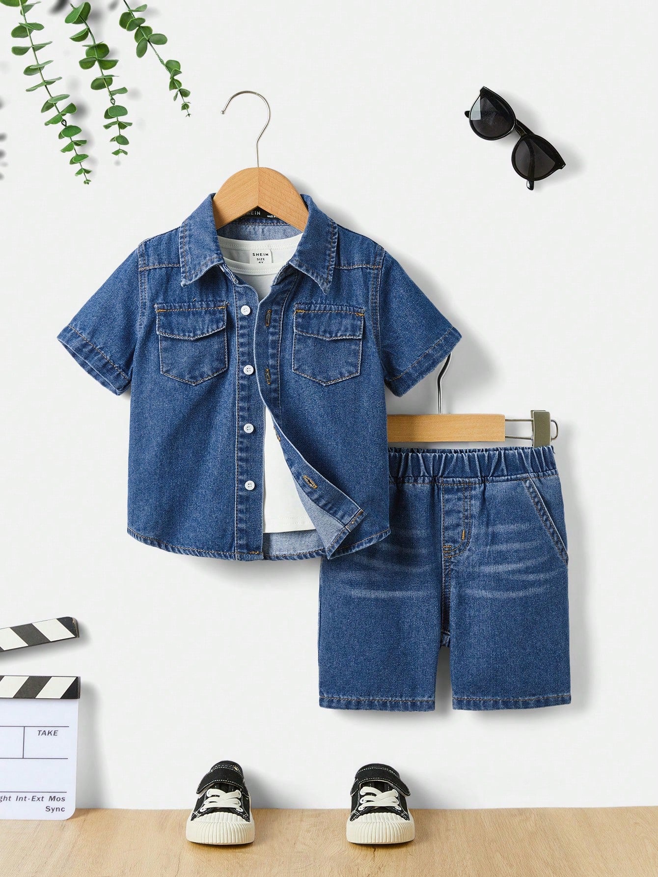 Young Boy 2pcs/Set Casual Comfortable Soft Blue Denim Shirt And Denim Shorts Set ,For Spring And Summer Outfits