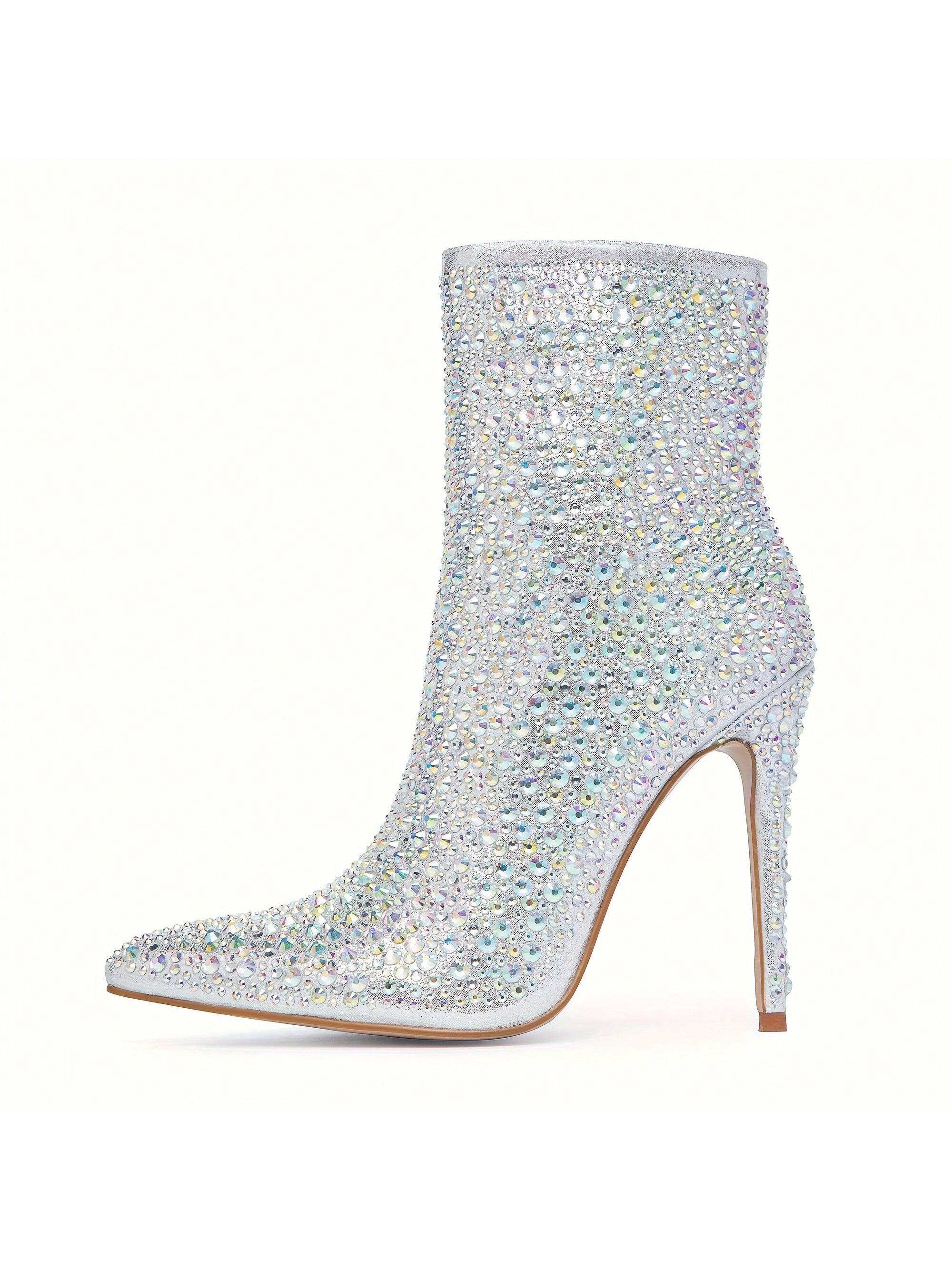 Women's Sparkling Rhinestone Booties, Elegant Pointed Toe High Heels, Glitter Chic Fashion Ankle Boots For Party Wear