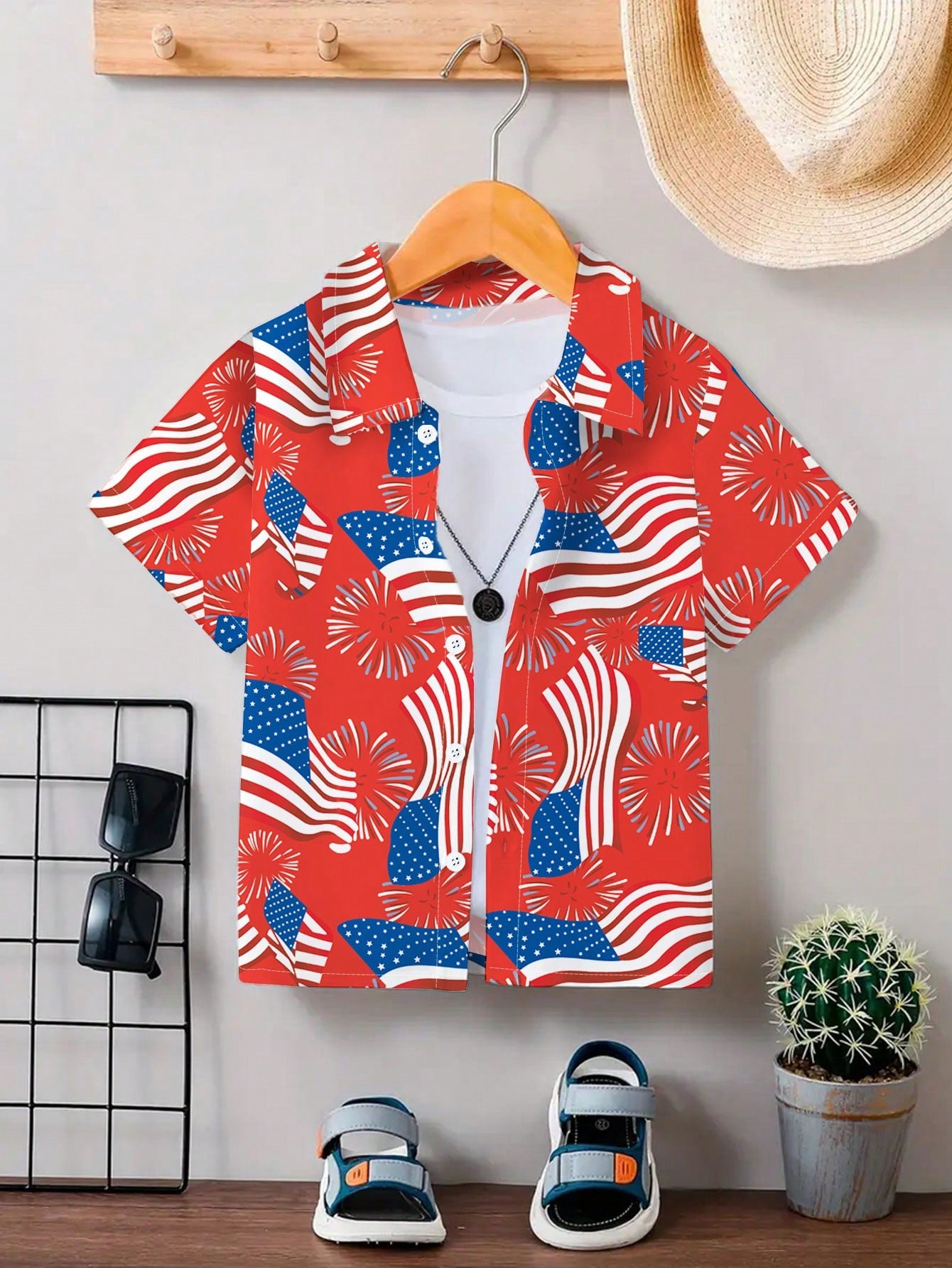 2024 Spring/Summer New Arrival Cool American Flag Printed Short Sleeve Casual Shirt (Random Cut) For Tween Boys