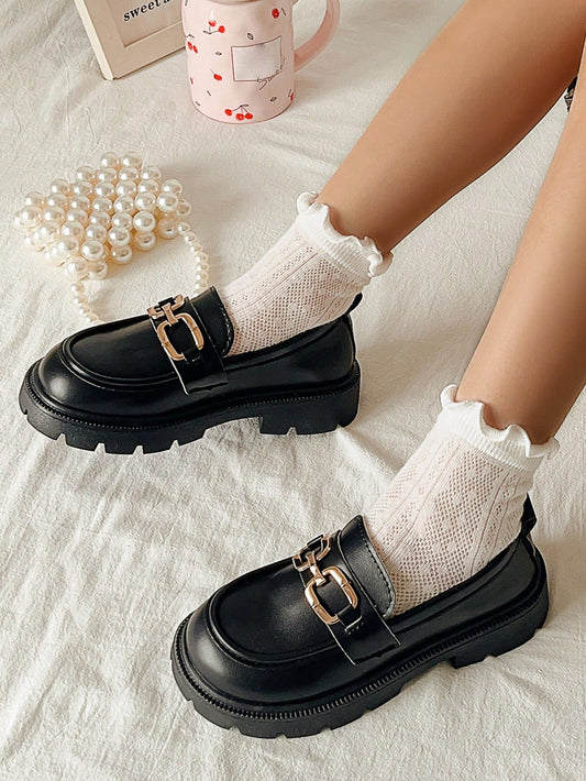 Black Girls' Waterproof Lightweight Flats, Princess British Style Loafers For All Seasons