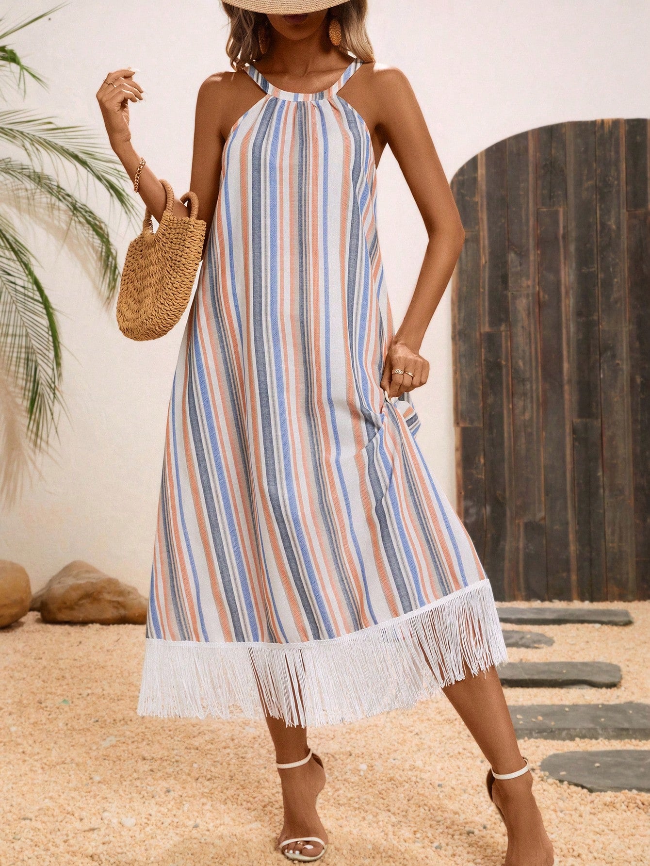 Summer Seaside Casual Vacation Long Cotton And Linen Dress With Tassel Hem And Halter Neck