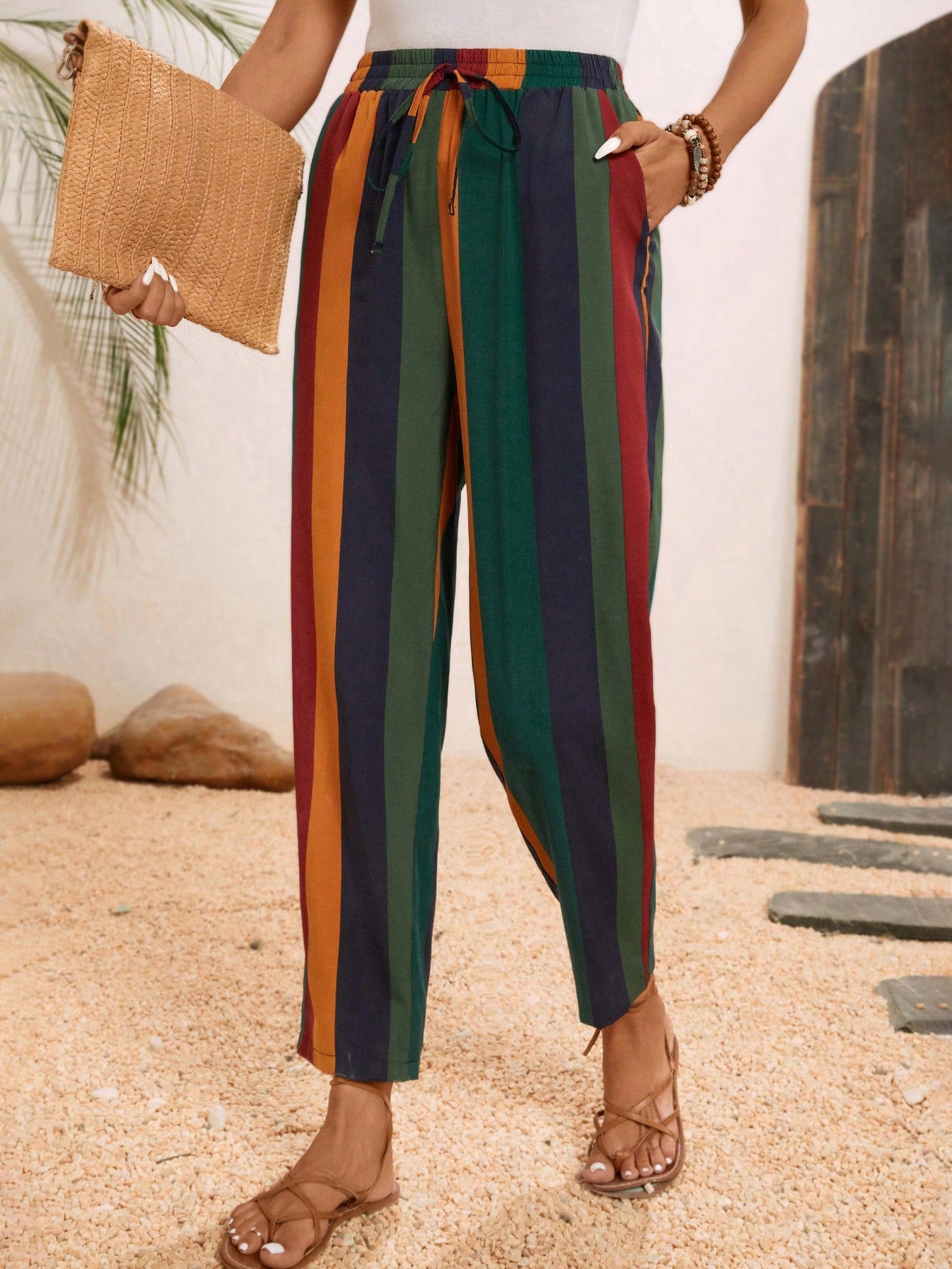 Solid Drawstring Waist Straight Leg Pants