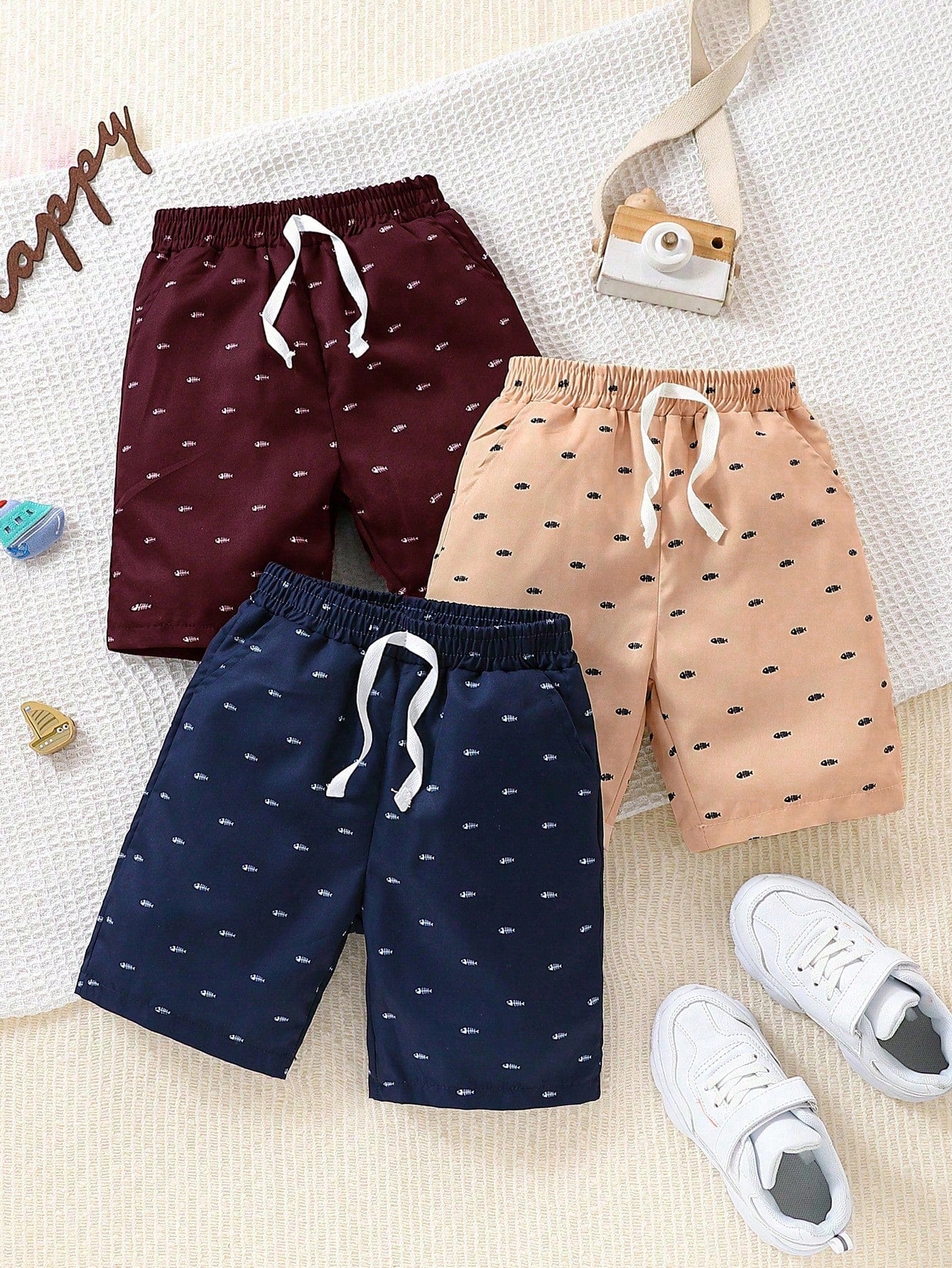 3pcs Young Boys' Casual Herringbone Print Shorts, Suitable For Summer Outdoor, School, Daily, Casual, Vacation, And Gathering