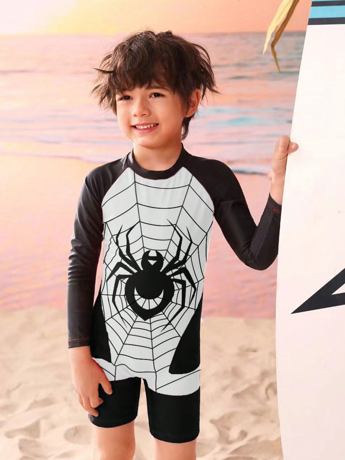 Young Boy Spider Print One-Piece Swimsuit With Free Swimming Cap, Long Sleeve Bathing Suit Beach Outfit Rash Guard Summer Vacation