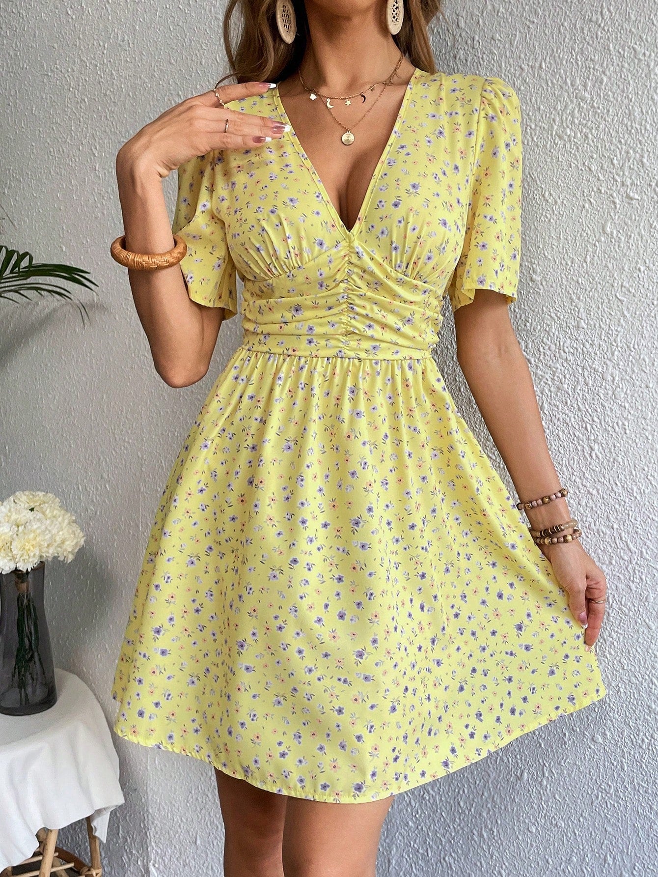 Women's Summer Holiday Casual Ditsy Floral Cinching Waist Dress