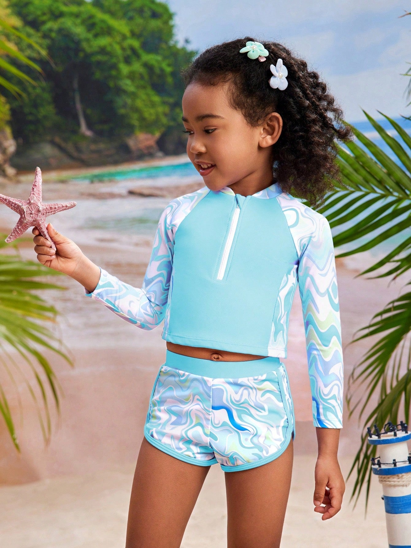 Young Girl Cute Swirl Printed Long Sleeve Tankini Swimsuit, Perfect For Beach Vacation In Summer