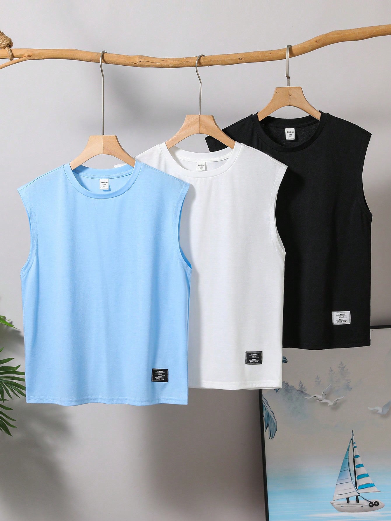 Tween Boy 3pcs/Set Summer Knit Loose Fit Round Neck Letter Patched Tank Top