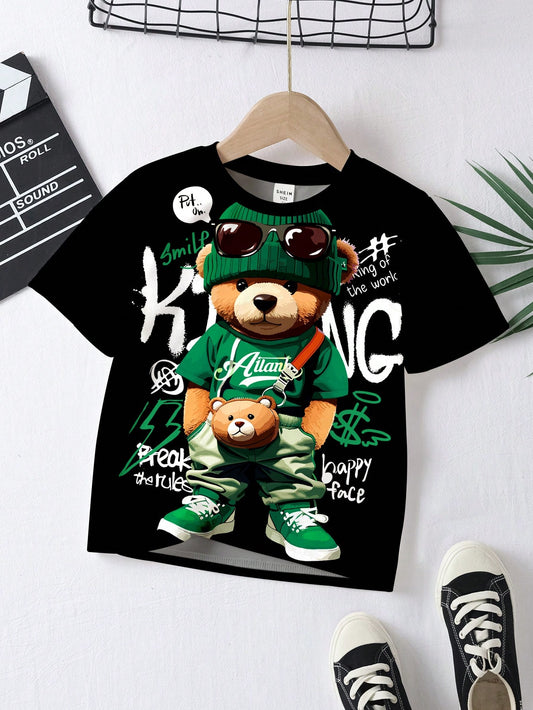 Young Boy's Casual Simple Cartoon Bear Design Loose Fit Short Sleeve T-Shirt, Suitable For Summer