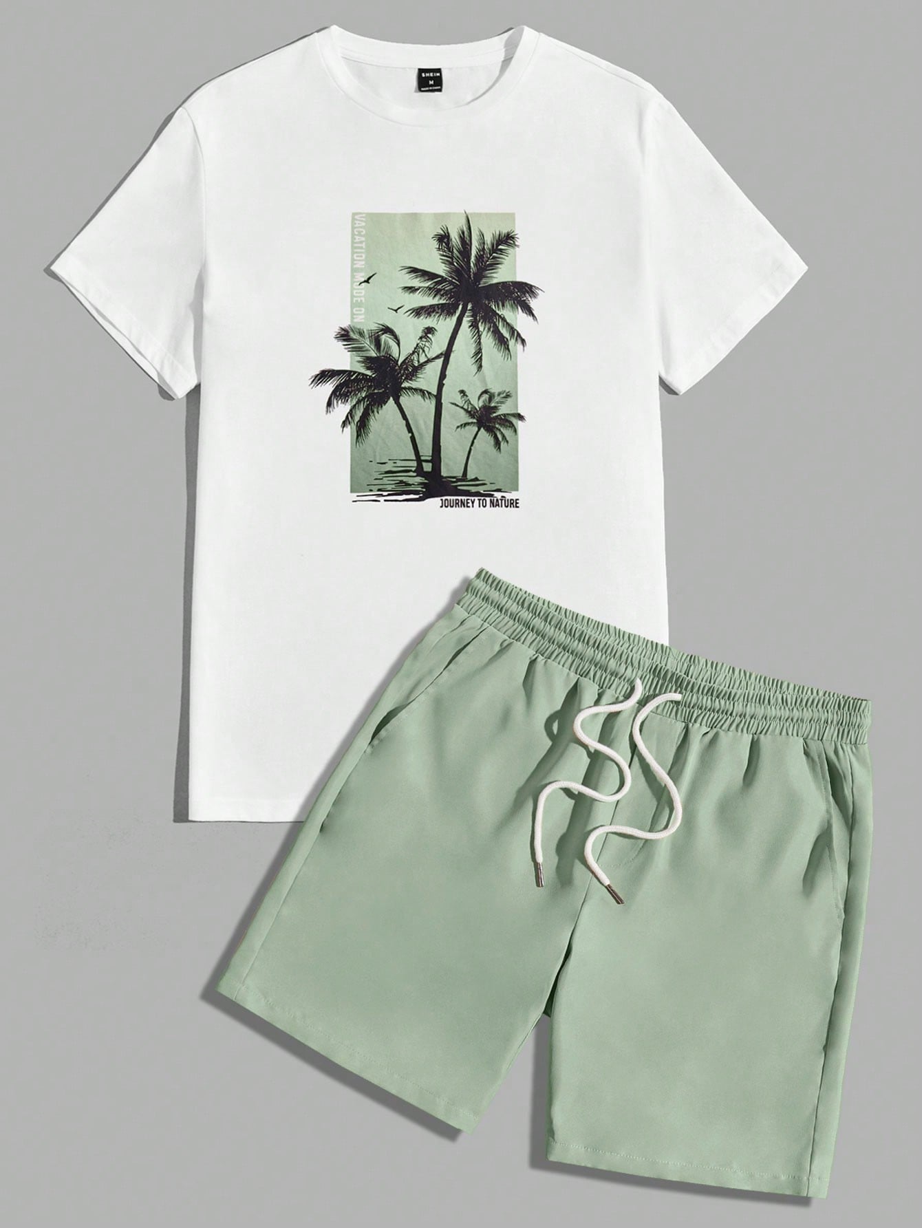 Men Tropical Print Tee & Drawstring Waist Shorts