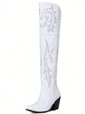 Womens Thigh High Cowboy Boots For Women Stacked Heels Knee High Cowgirl Boots Vintage Embroidered Western Riding Boots Wedding Party