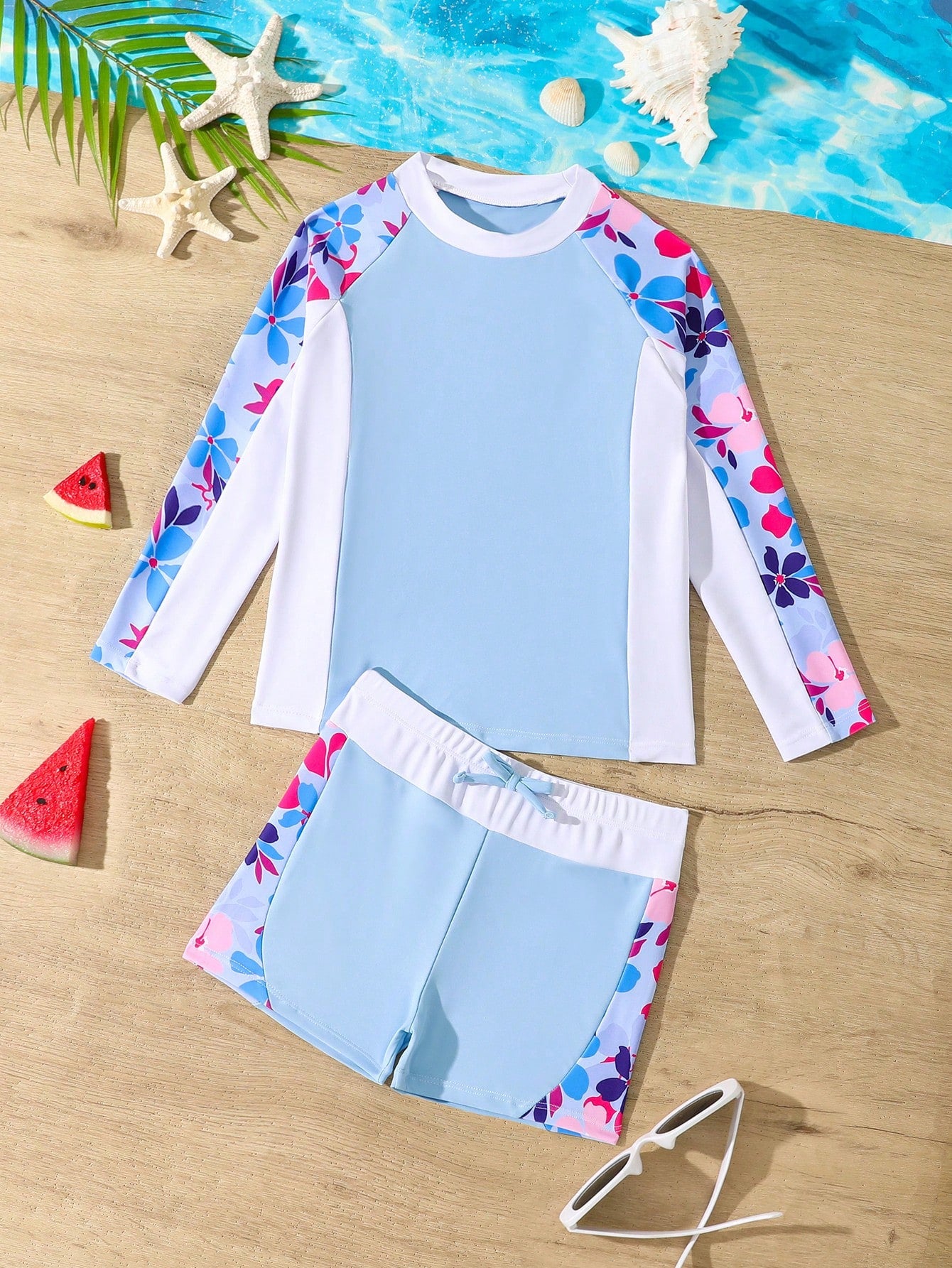 Young Girls' Floral Print Long Sleeve Rash Guard Tankini Swimsuit Set With Patchwork