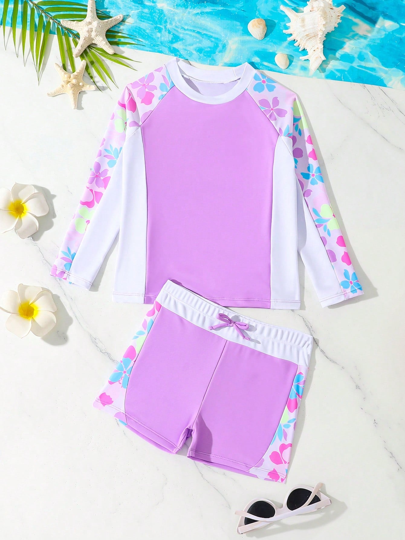 Young Girls' Floral Print Long Sleeve Rash Guard Tankini Swimsuit Set With Patchwork