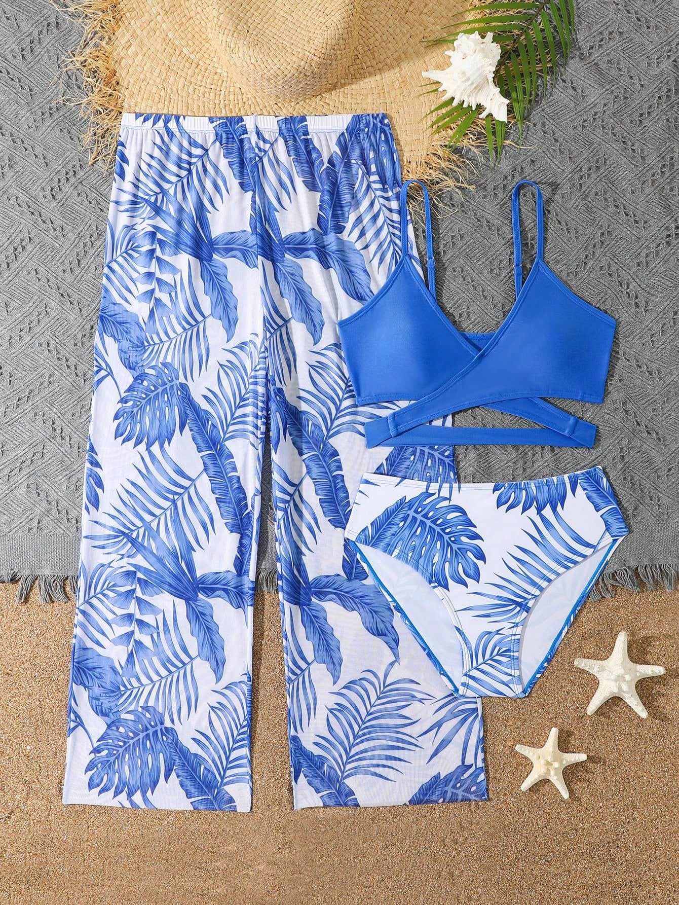 Tween Girl Tropical Print Criss Cross Bikini Set & Cover Up Pants Summer Beach